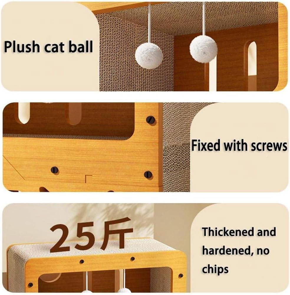 Double-Layer Cardboard Cat House &ndash; Indoor Cat Hideaway with Scratching Pads & Hanging Ball Toy, Durable Corrugated Cat Condo, Easy to Assemble for Kittens & Adult Cats (45&times;28&times;51Cm) image number 3