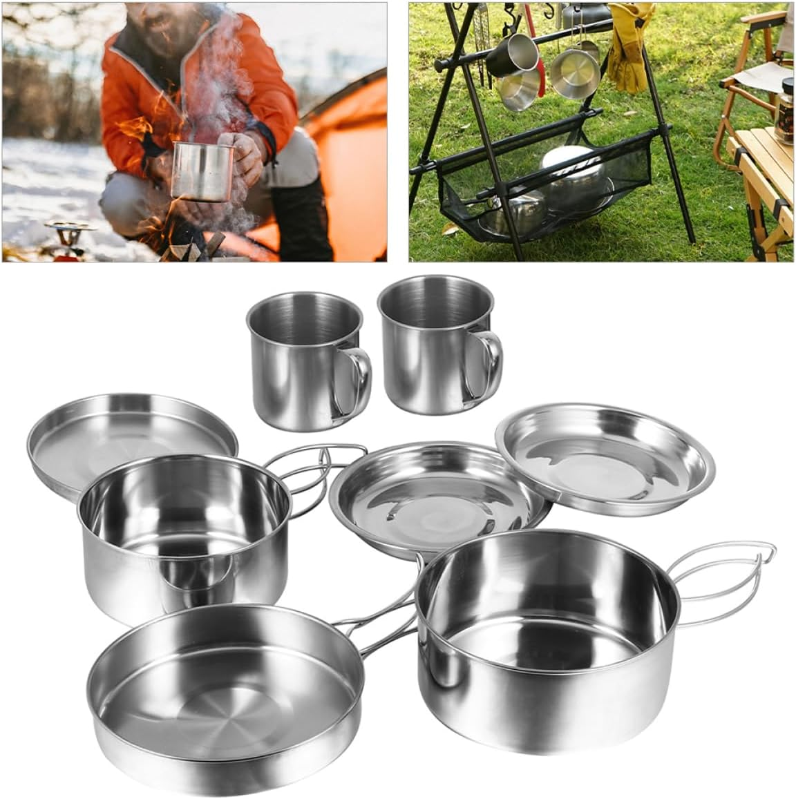 Camping Cooking Pan Stainless Steel Pot Hiking Cookware Compact Picnic Pan Outdoor Cooking Equipment image number 4