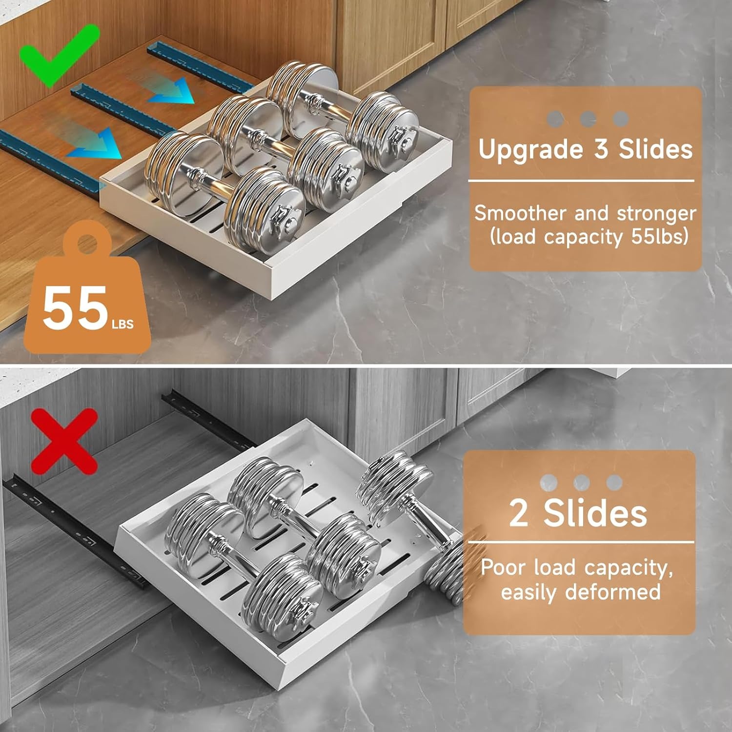 2 Pack Pull Out Drawers for Cabinets,Expandable(31 to 52Cm W) Pull Out Cabinet Organizer with Adhesive Film,Pull-Out Shelf for Kitchen Cabinet,Pantry, Bathroom Storage-42Cm Deep - White-1Pc image number 2