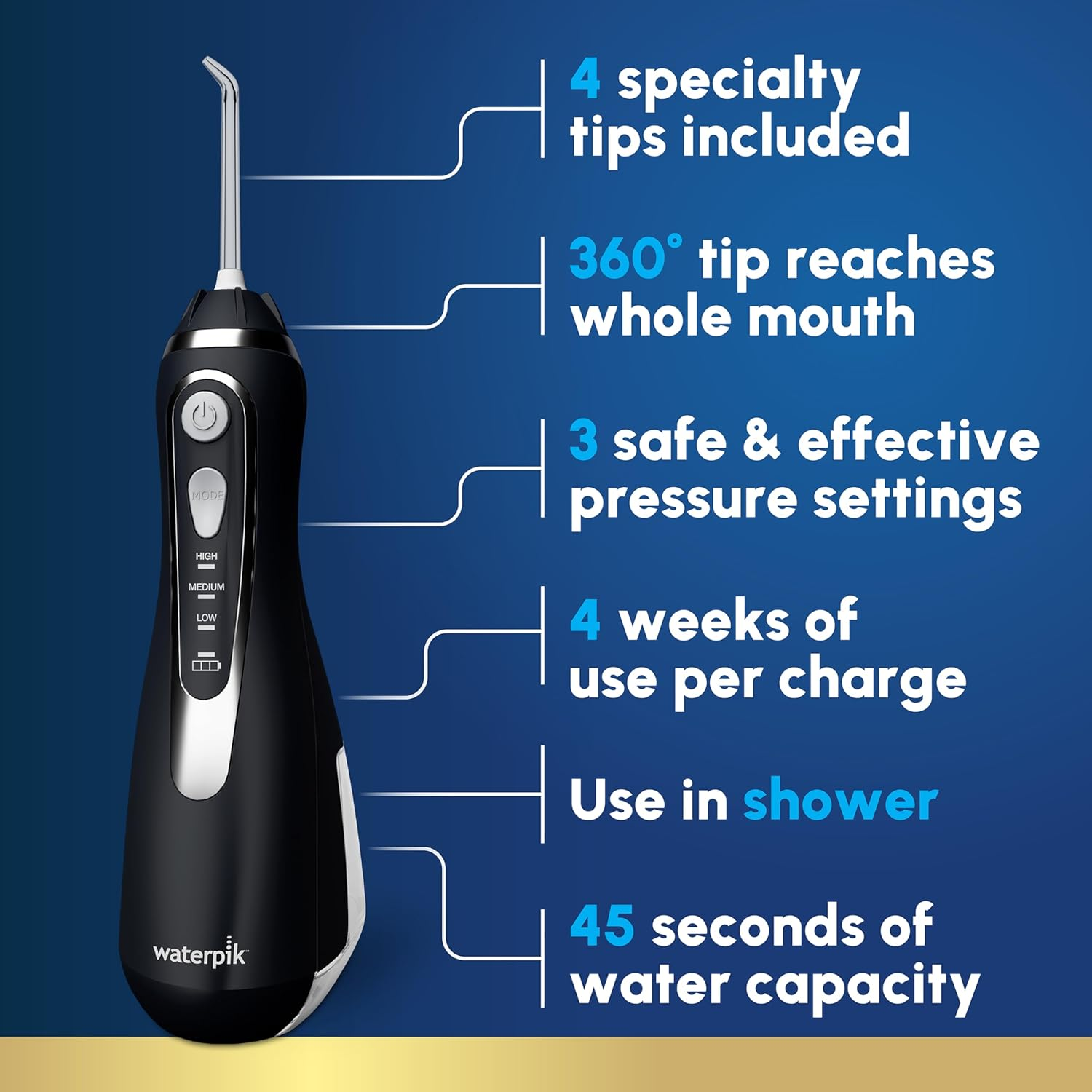 Waterpik Cordless Advanced 2.0 Water Flosser for Teeth, Gums, Braces, Dental Care with Travel Bag and 4 Tips, ADA Accepted, Rechargeable, Portable, and Waterproof, Black WP-582, Packaging May Vary - Blue image number 7