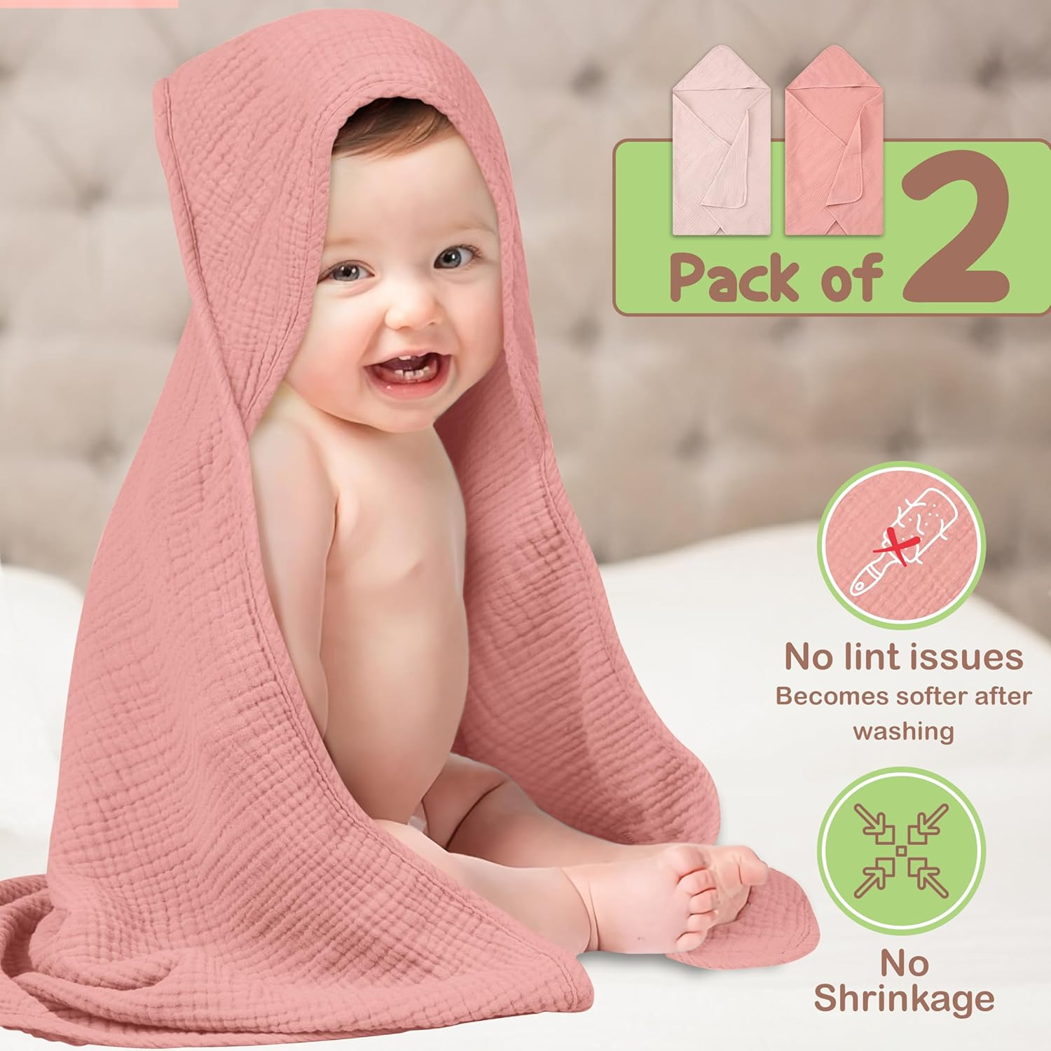 Infancie Organic Cotton Muslin Baby Hooded Towels - 81 X 81 Cm, 2 Pack Newborn Bath Towels for Boys & Girls, Soft & Absorbent Bath Set (Rose/Peach) - Deep Blue/Aquarius image number 2