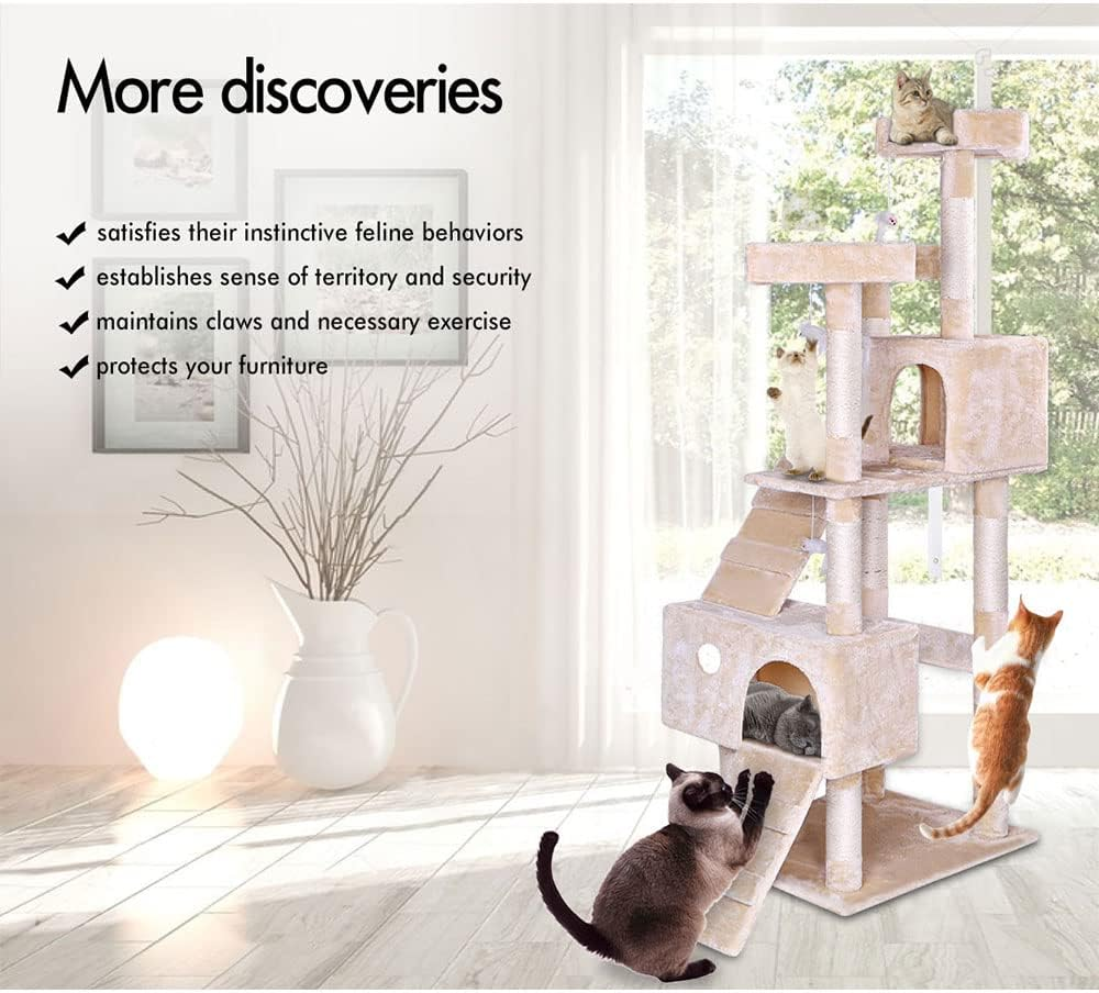 BEASTIE 180Cm Cat Tree with Mouse Toy Scratching Post Tower Condo Cat Play Towers Trees House Furniture Wood in Beige Colour - 134Cm In Grey image number 6