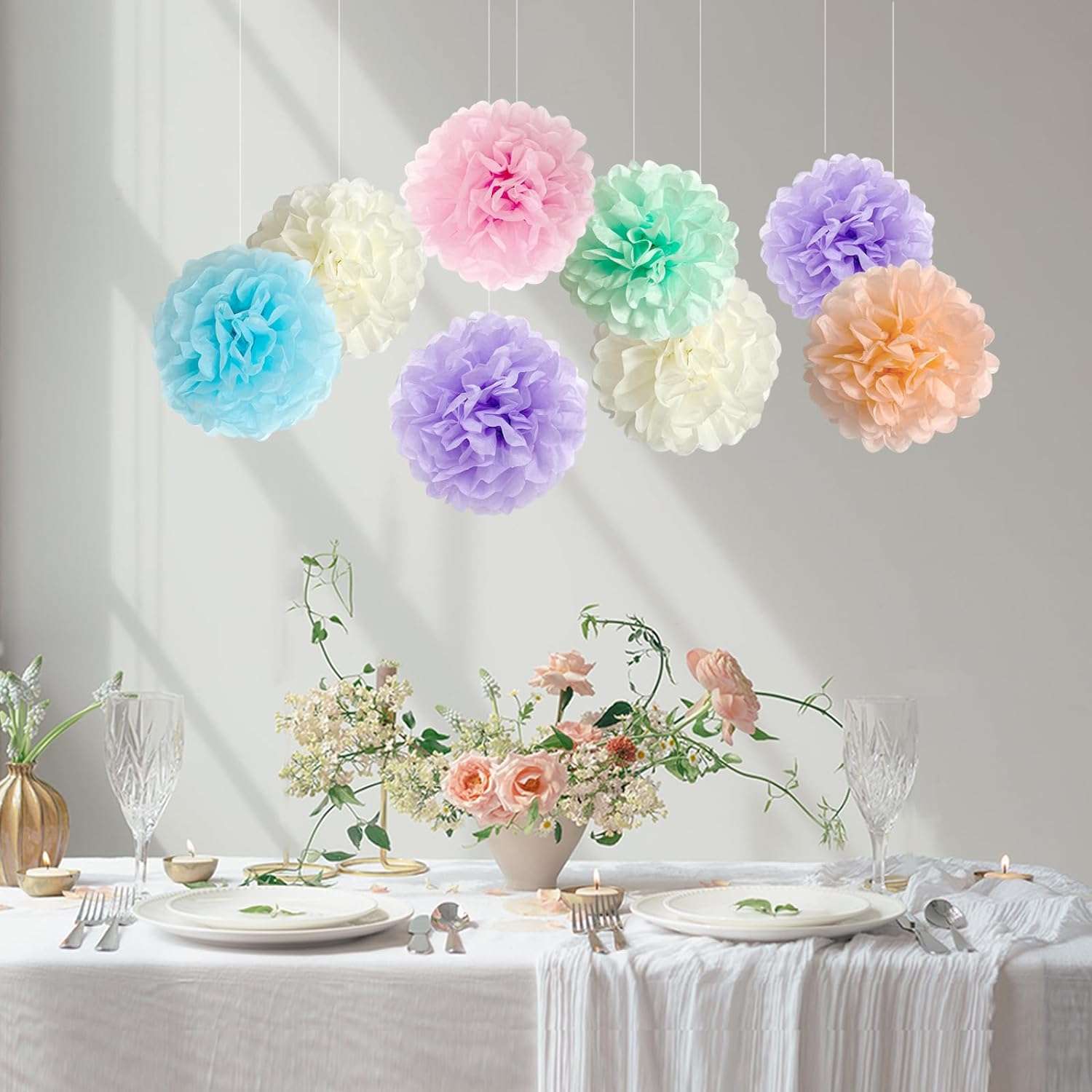 ANSOMO Pastel Tissue Paper Pom Poms Party Decorations Rainbow Ice Cream Easter Macaron Flowers Wall Hanging D&eacute;cor Supplies Birthday Bridal Baby Shower Colorful Pink Purple Peach Mint Green Blue Ivory