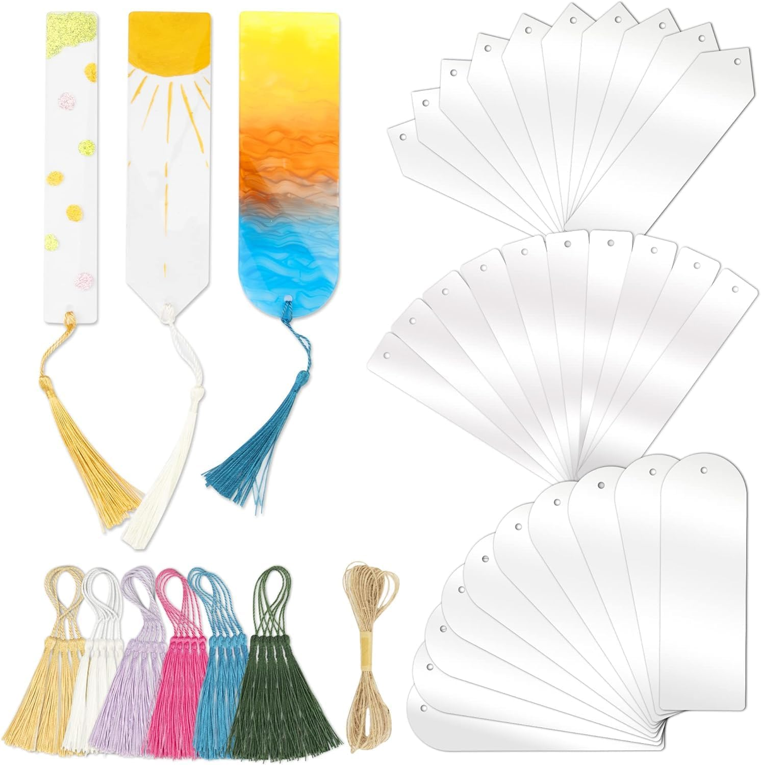 Leanockesa Acrylic Bookmarks Blanks Bulk, Leanockesa 61PCS Clear Bookmark Plastic Blank 30 Set with Tassels & Twine String Cord for Vinyl DIY Craft (3 Shape of Bookmarks and 6 Color Tassels) image number 3