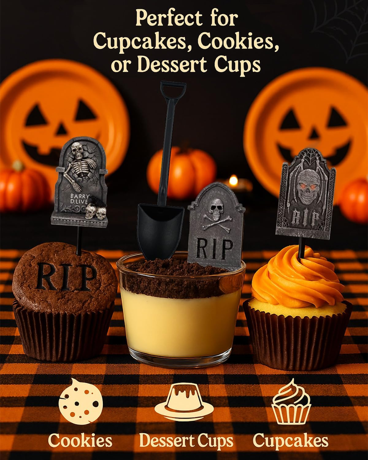 48PCS Halloween Cupcake Toppers with Novelty Mini Shovel Spoons,Tombstones Graveyard Cupcake Toppers Cake Decorations for Halloween Party Birthday Party Decoration Supplies image number 4