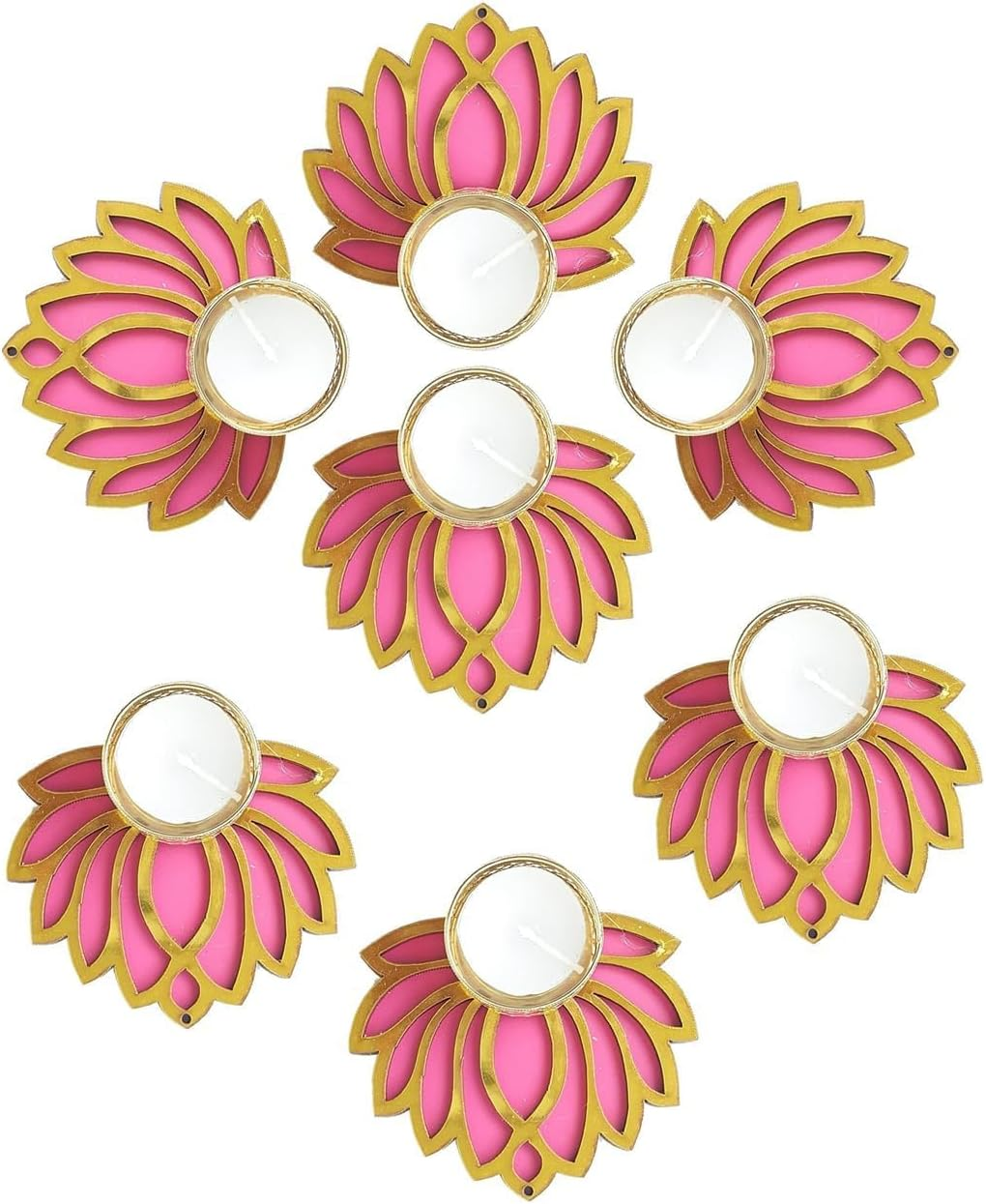 Tied Ribbons Lotus Tealight Candle Holder | Set of 7 | Tealight Holder for Diwali Decoration, Indian Decorations Home, Tealight Diya for Diwali, Pooja, Mandir, Temple, Ganesh Chaturthi Decoration image number 3