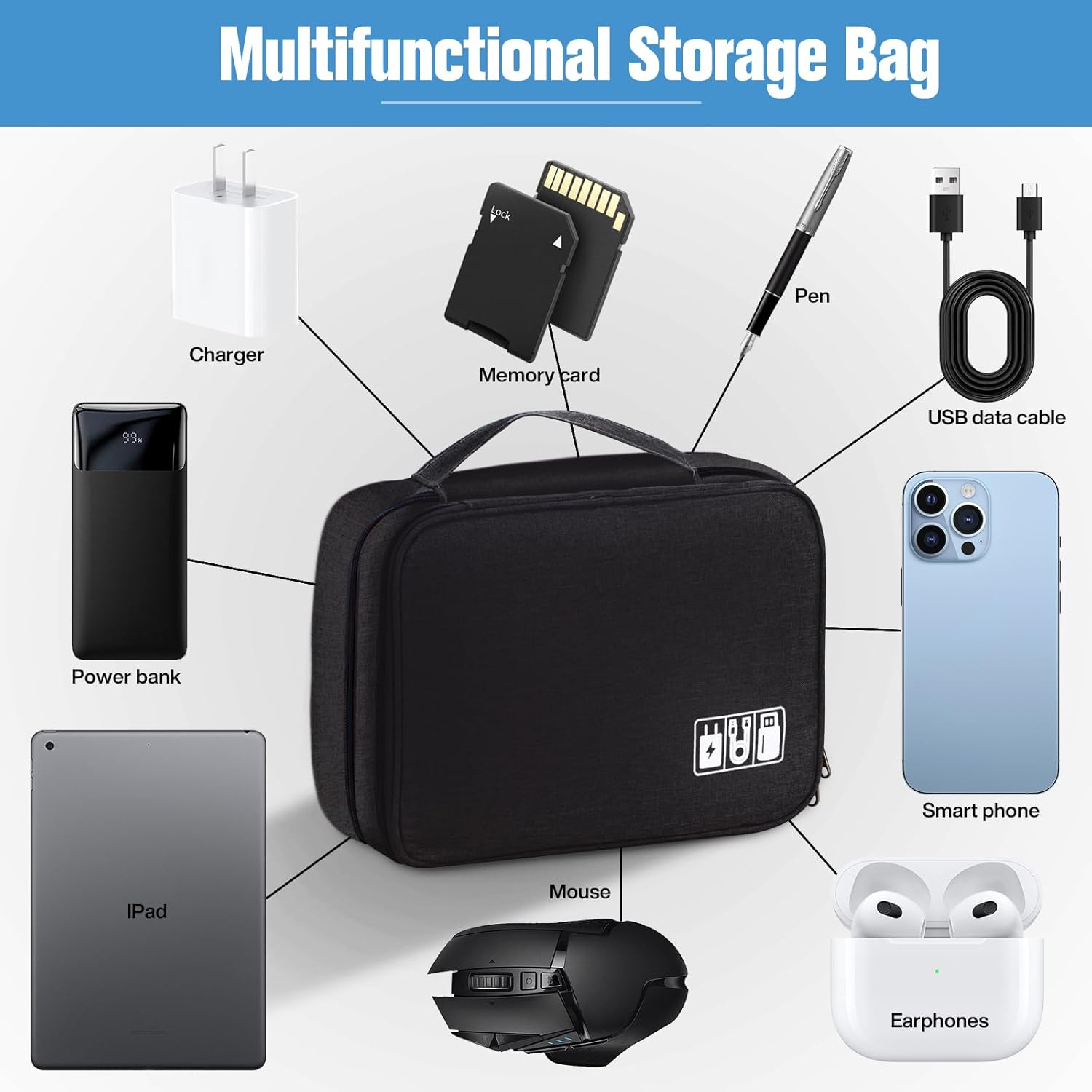 Spardar Cable Organizer, Electronic Organizer Case Universal Travel Bag Electronics Accessories Cases for Cables, Chargers, Earphones, Mouse, Power Bank, SD Card (Black) image number 6