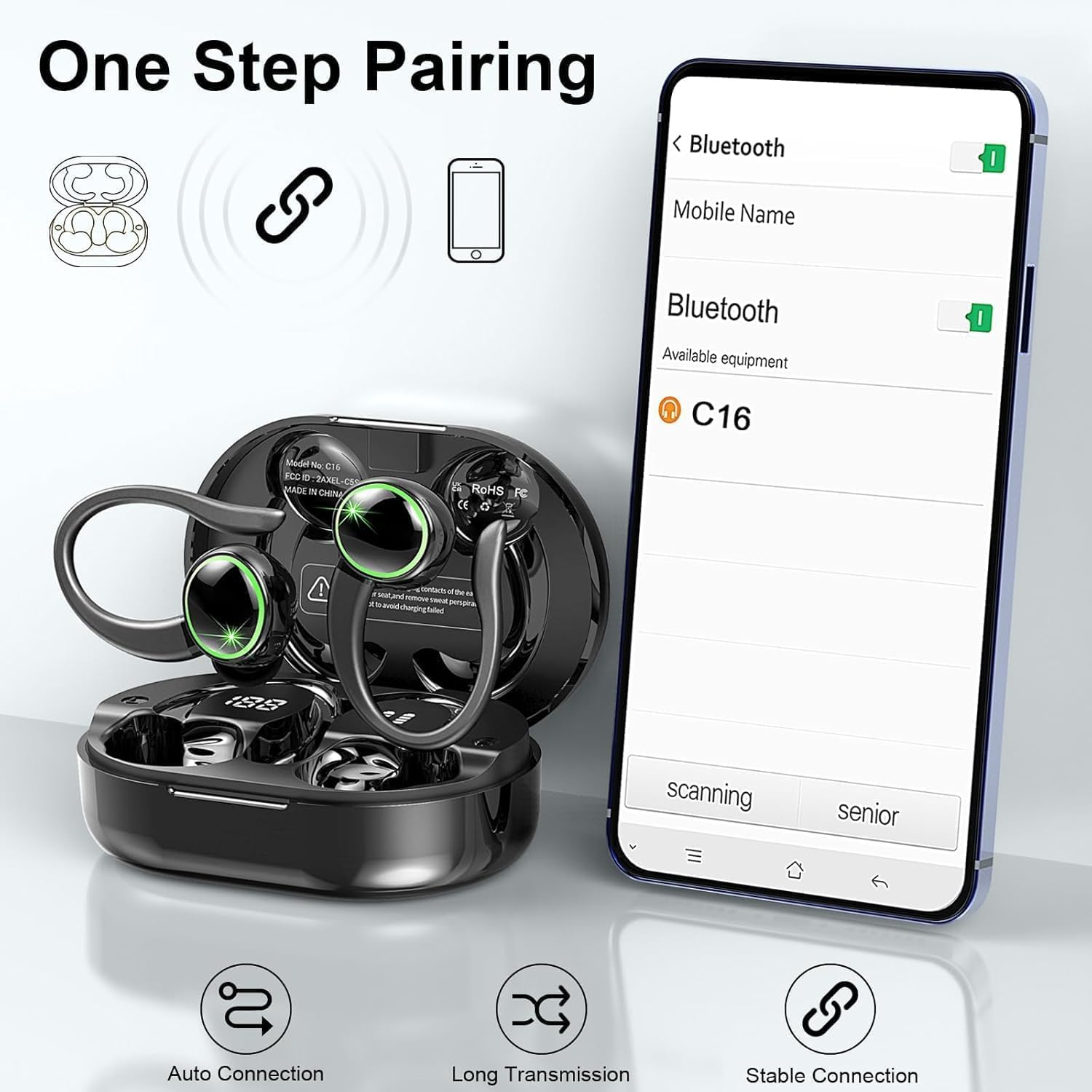 Bluetooth Sports Headphones, Wireless Bluetooth 5.4 Headphones with ENC Noise Cancelling and 4 HD Mics, 50 Hours Wireless Earbuds, In-Ear Headphones with Hi-Fi Stereo, IP7 Waterproof, USB-C/LED image number 4