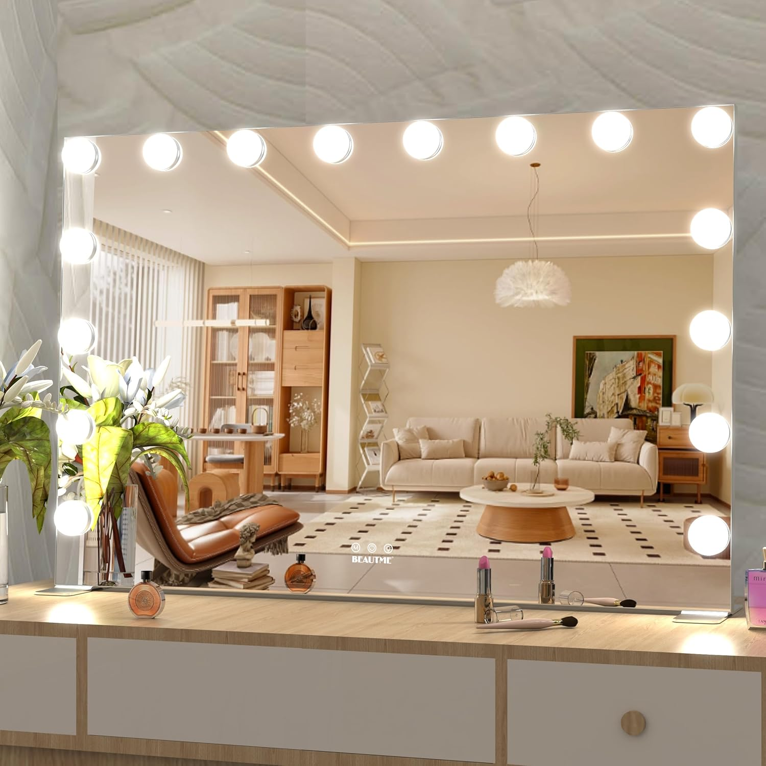 LETSFIELD Hollywood Mirror 91 X 62 Cm, Large Vanity Mirror with 16 Dimmable Lights for Bedroom, Desk Mirror or Wall Mounted Makeup Mirror, Including 10X Magnifying Mirror (Silver) image number 6