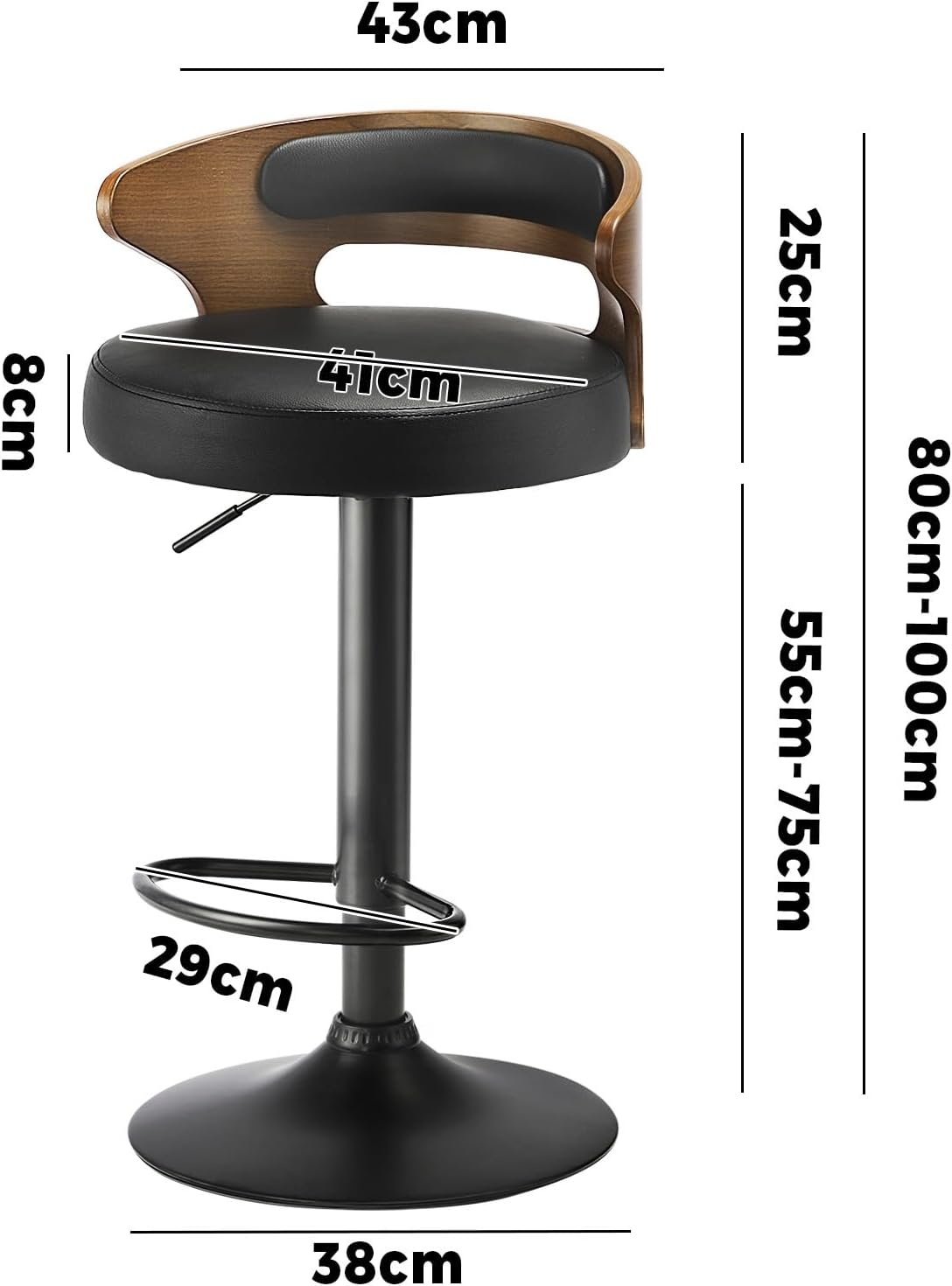 Oikiture Bar Stool Set of 4 Home Kitchen Barstools with PU Leather Seat and Gas Lift Barstools in 57-77Cm Height and Footrest Swivel Chair Set for Home Bar Dining Room, Black image number 5