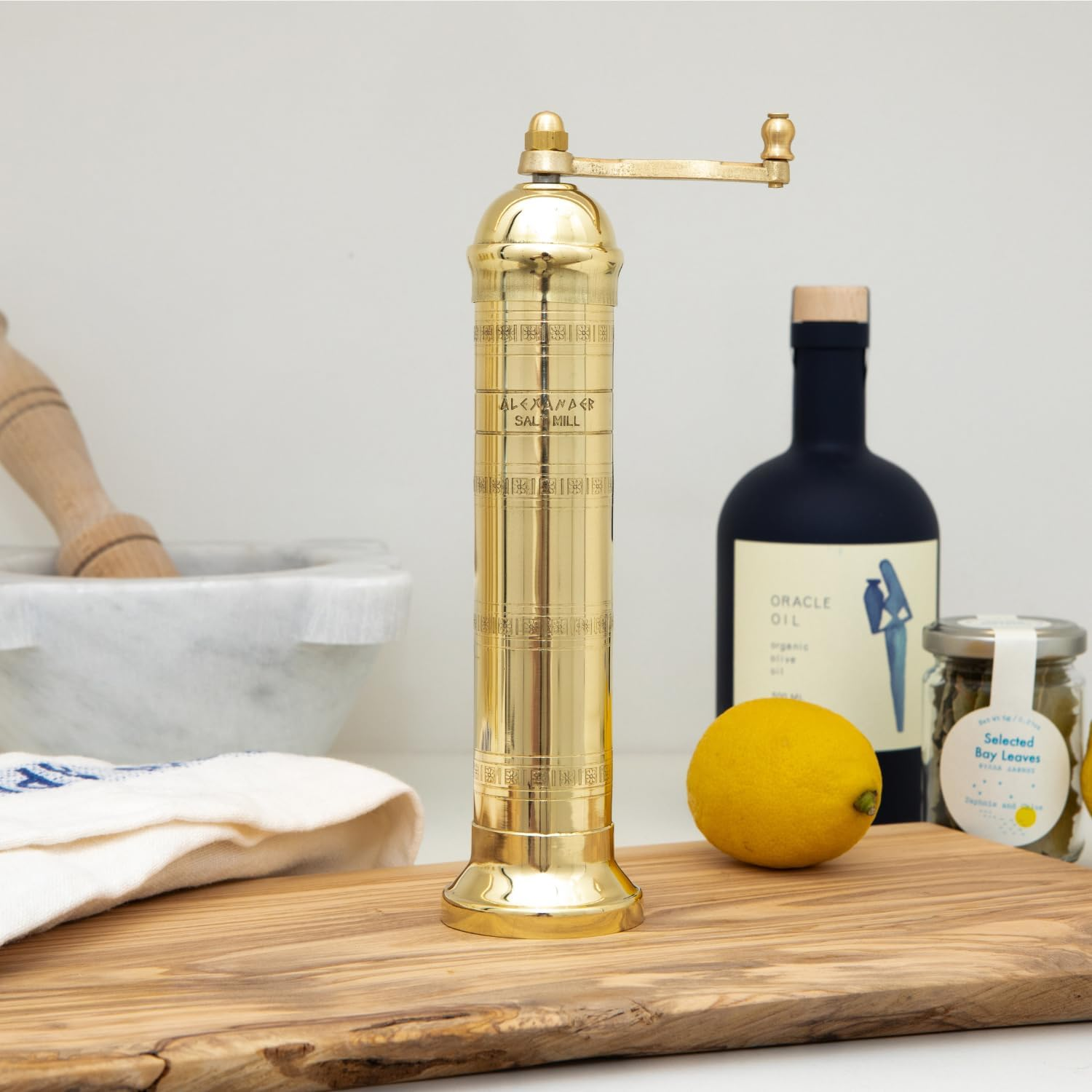 Alexander Home the Original Greek Salt Mill 9 Inch Tall | European Salt Mill Grinder with Crank Handle | Manual Salt Grinder | Salt Refillable - Brass image number 5
