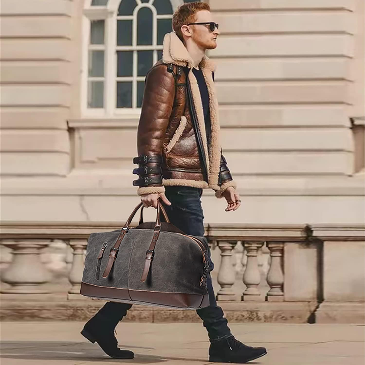 42L Large Genuine Leather Canvas Duffel Bag for Travel, Travel Tote Duffel Shoulder Weekend Bag Unisex Weekender Overnight Handbag Shoulder Bag, Black image number 3