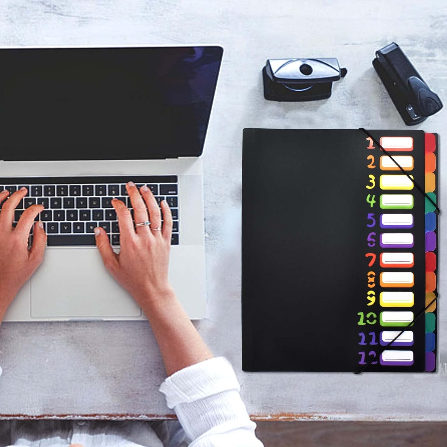 Expanding File Folder Project Binder A4 Organizer Desk Binder 12 Compartments 24 Pockets Plastic Accordion Document Organizer Colorful File Folders for School Office Supplies, Black image number 3