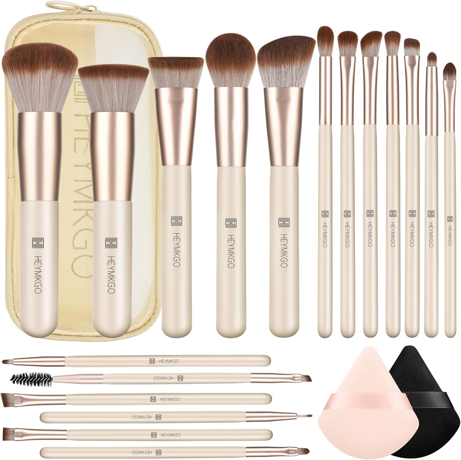 Makeup Brushes, HEYMKGO 18Pcs Professional Makeup Brush Set with 2 Powder Puff & Travel Bag, Premium Synthetic Foundation Powder Blush Blending Face Brush Kit, Eyeshadow Makeup Brushes & Tools