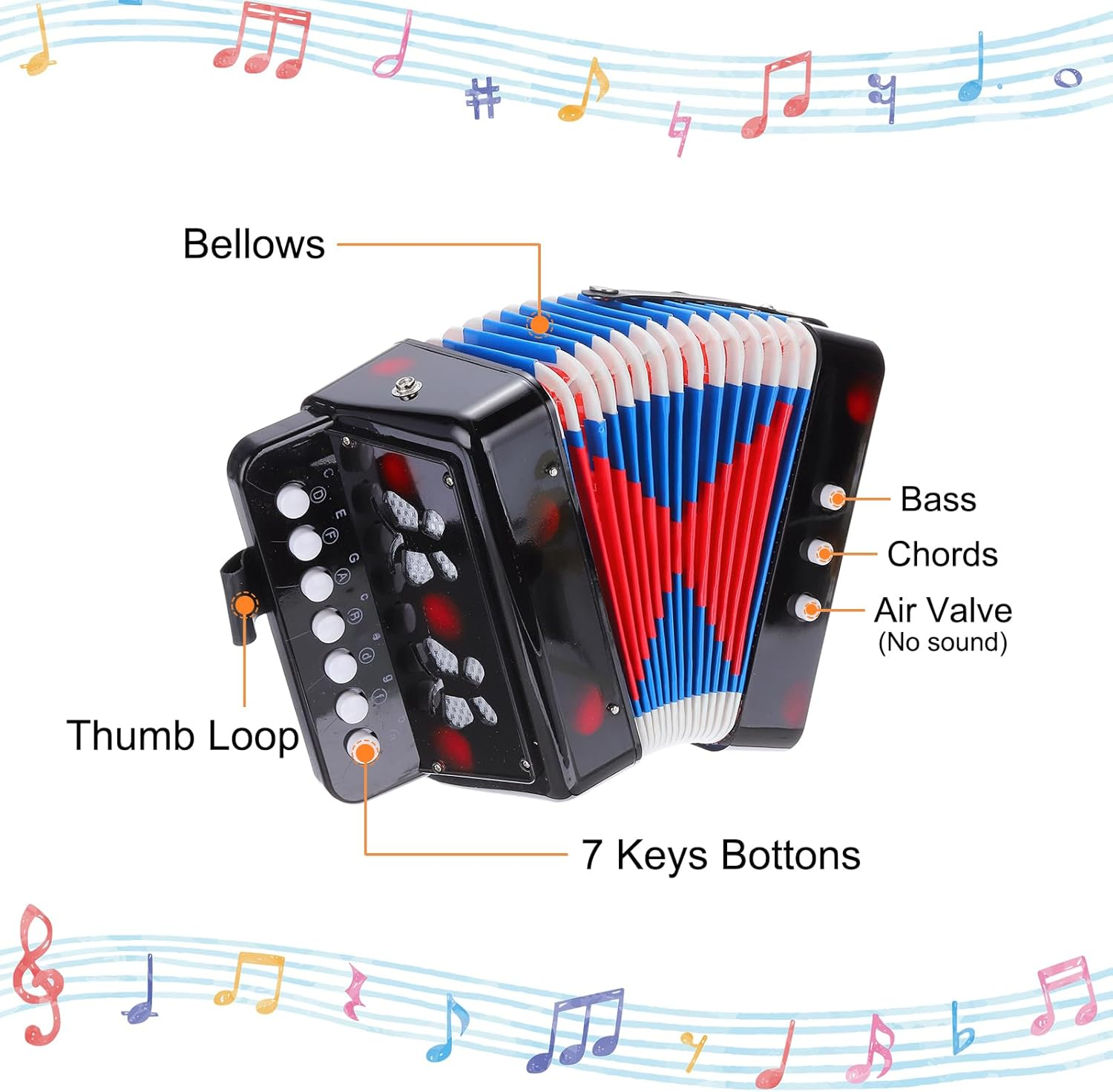 Sourcing Map Accordion 10 Keys Button Accordion Mini Musical Instrument Gifts for Adults Beginners Educational, Black image number 4