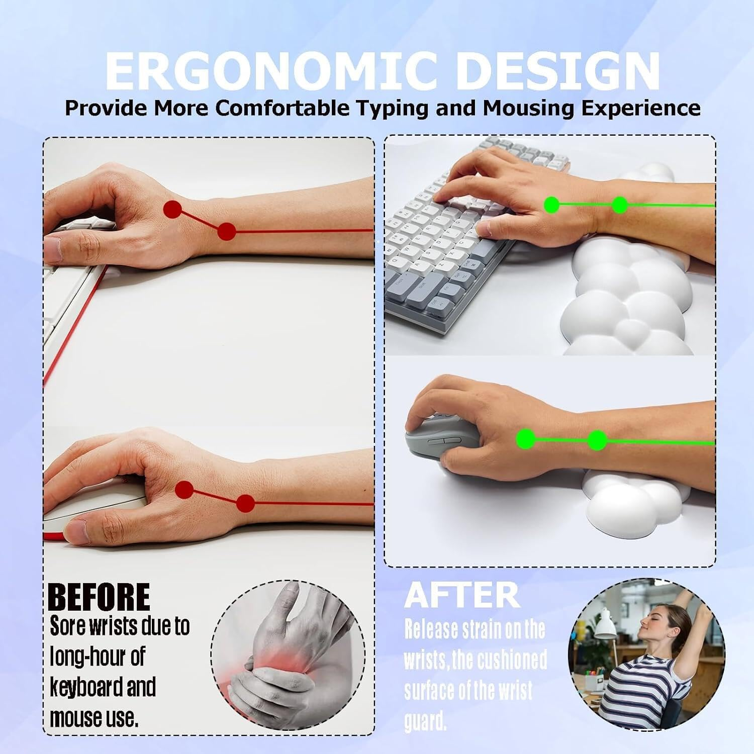Keyboard Cloud Wrist Rest - Memory Foam Cloud Mouse Pad Wrist Rest,Soft Cute Wrist Rest Pad,Ergonomic Nonslip Comfortable Cushion Set,Keyboard Rest Typing Pain Relief,For Home Office image number 5