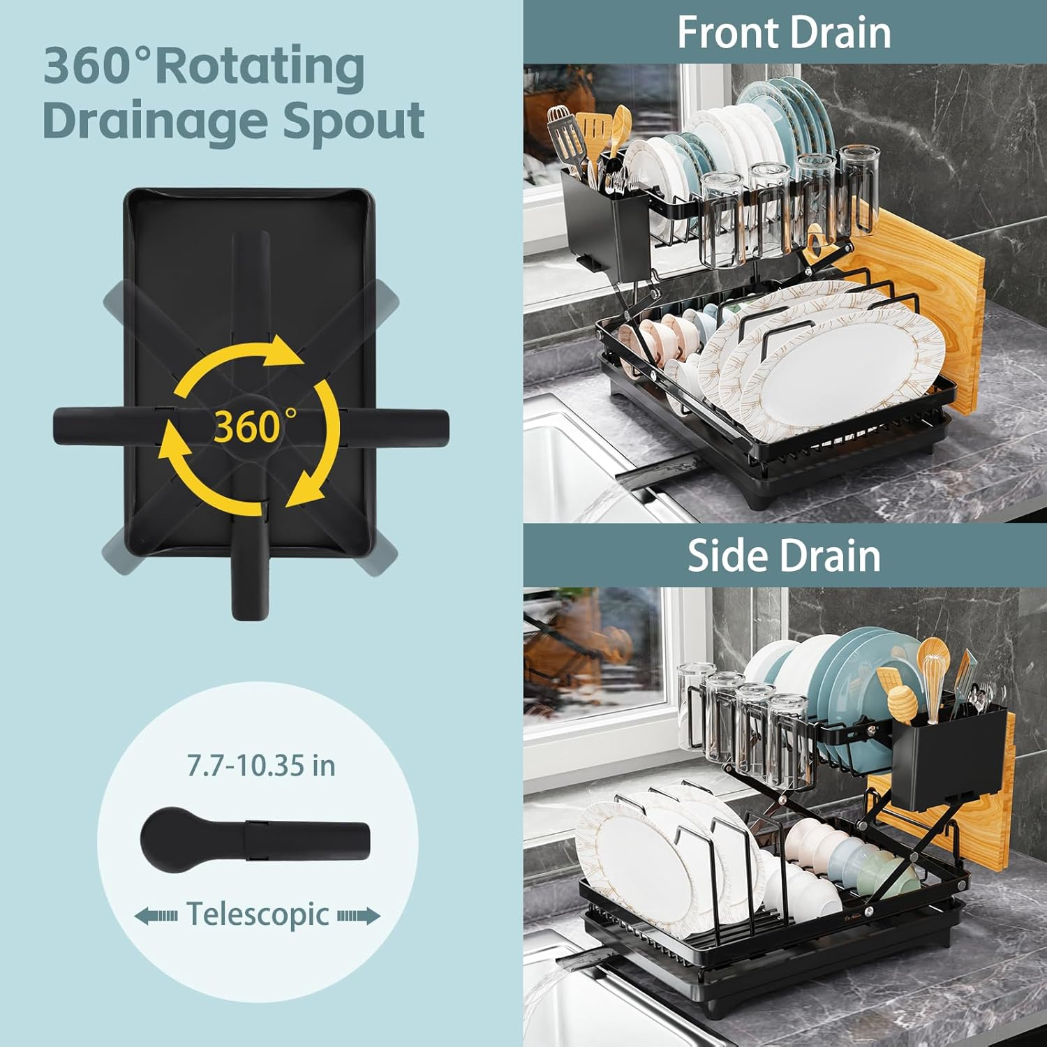 Dish Rack for Kitchen Counter Large 2 Tier Dish Drying Rack with Drainboard Set Folding Dish Drainer with Dishwashing Sponge for Kitchen Storage & Organisation (Black) image number 3