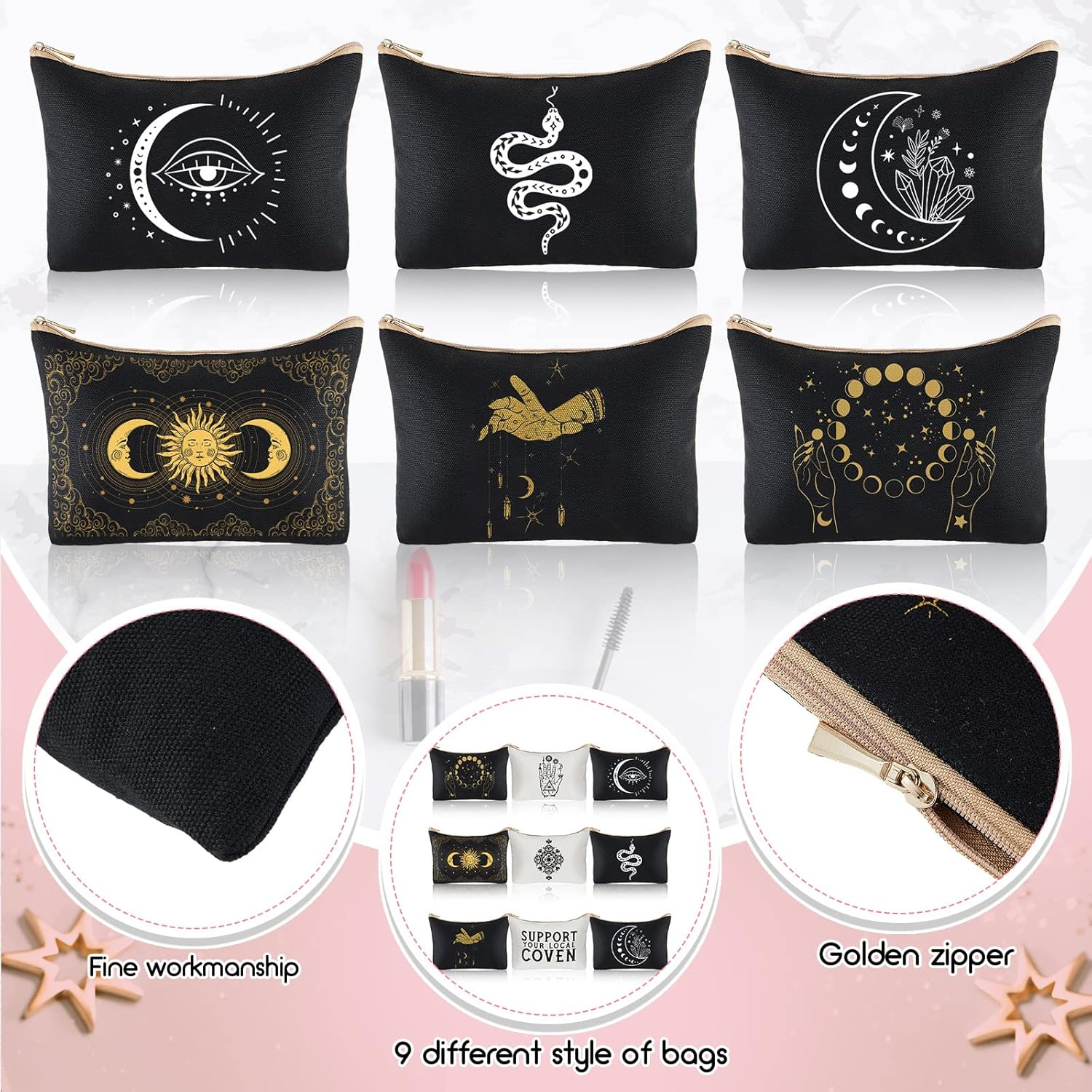9 Pieces Moon Witch Zipper Pouch Bag Tarot Cards Phase Bag Witch Purse Gothic Aesthetic Canvas Makeup Bags Witchy Crystals Toiletry Bags Witchcraft Snake Cosmetic Bags for Women Girls, Black image number 6