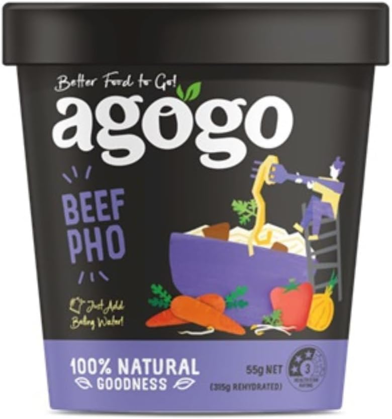 Agogo Beef Pho, 50G - Carton of 6. Instant Pho Meal with Rice Noodles. 100% Natural, No MSG, No Artificial Colours or Flavours