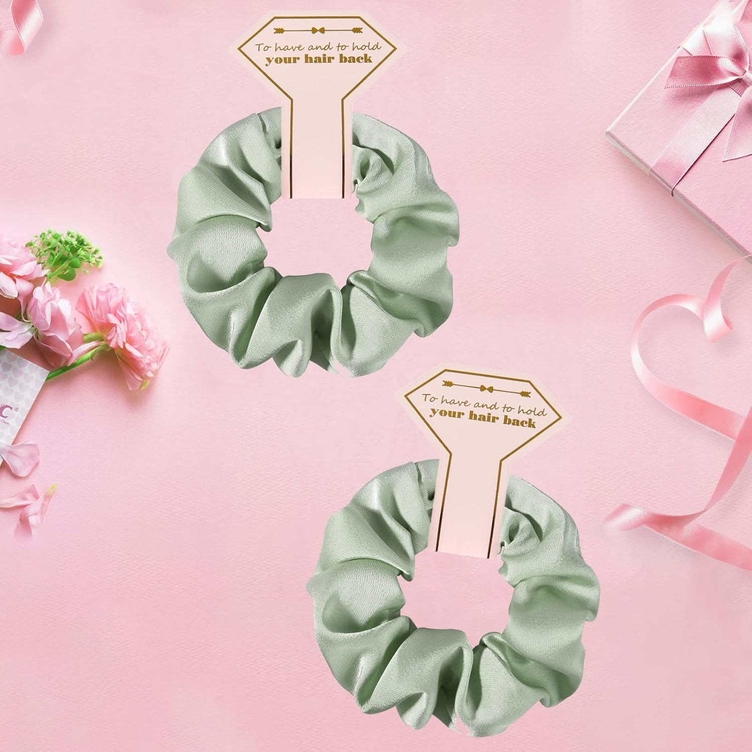 Hasoar New Smooth Linen Satin Bridesmaid Scrunchies 12 Pack Proposal Gifts Elastics Hair Ties Scrunchies Bachelorette Party Favors Satin Bridesmaid Gift for Bridal Wedding Parties Guests (Sage Green) - Black image number 4