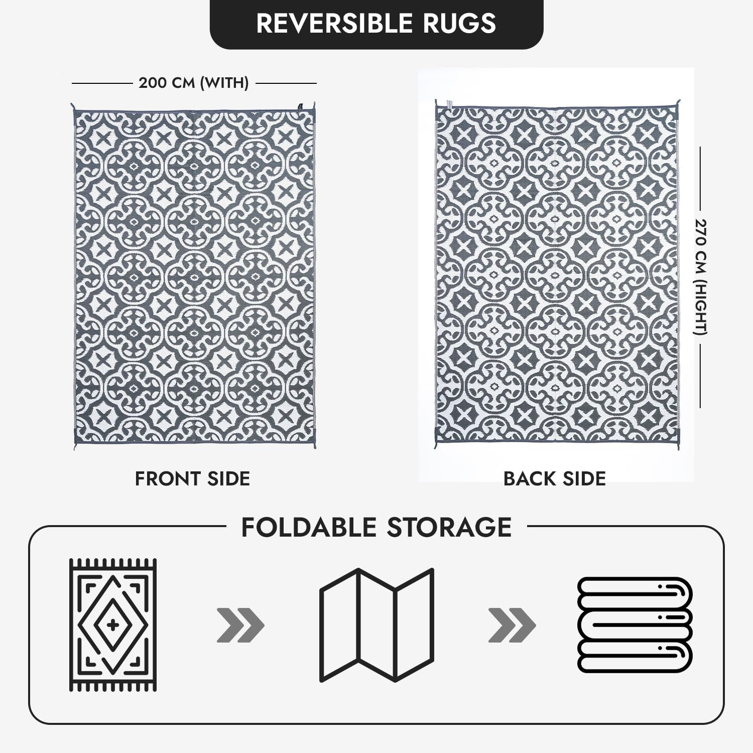 XCELERATOR Large Outdoor Rug for Patio, Reversible Portable Camping Rug, Weather Proof Plastic Straw Rug for RV Deck Camper Balcony, Lisboa Grey and White, 200X270Cm image number 4