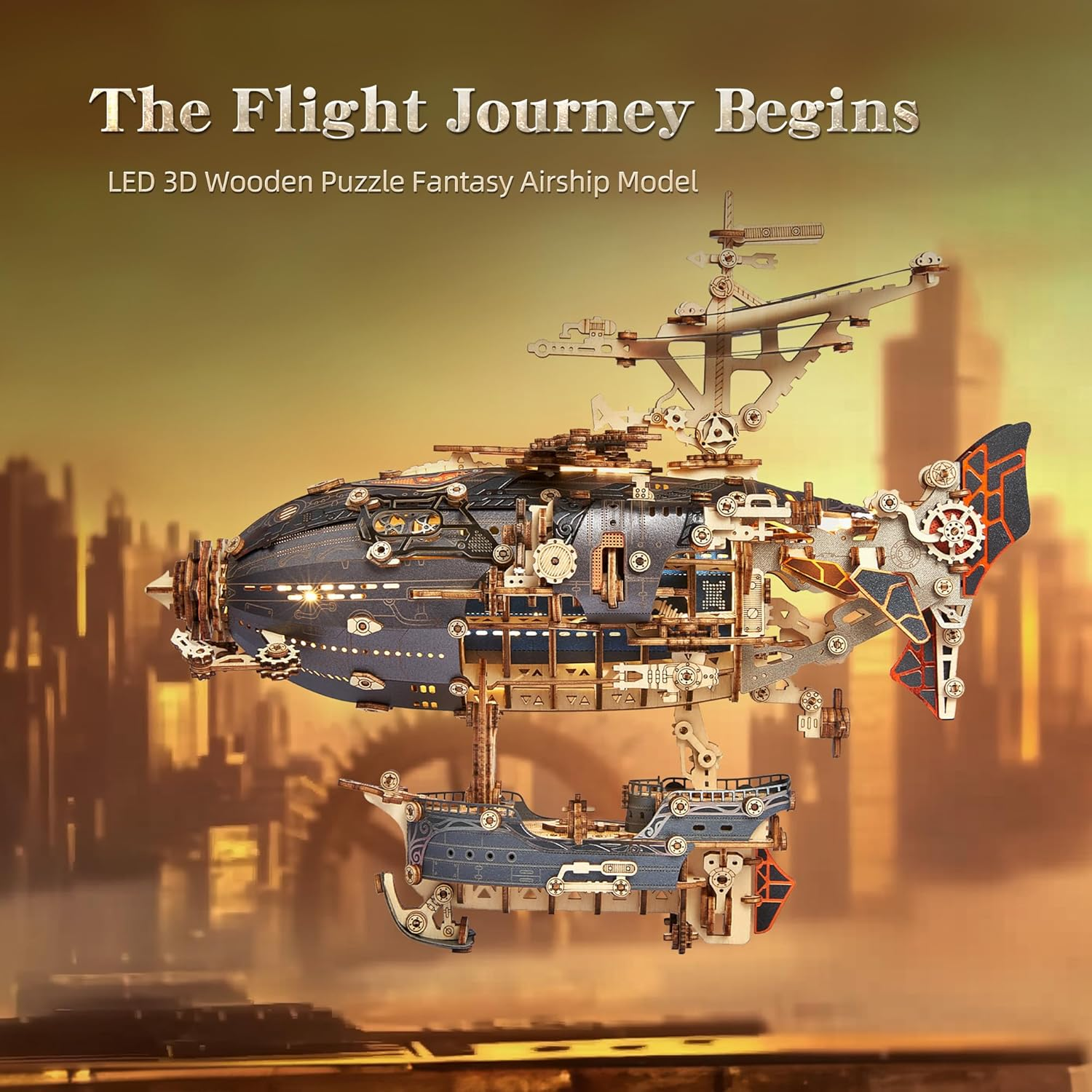 LED 3D Wood Puzzle Fantasy Airship Model - Steampunk DIY Craft Kit with LED Lights &ndash; Intricate Wooden Airship Model Building Set for Teens and Adults (Gray) image number 6