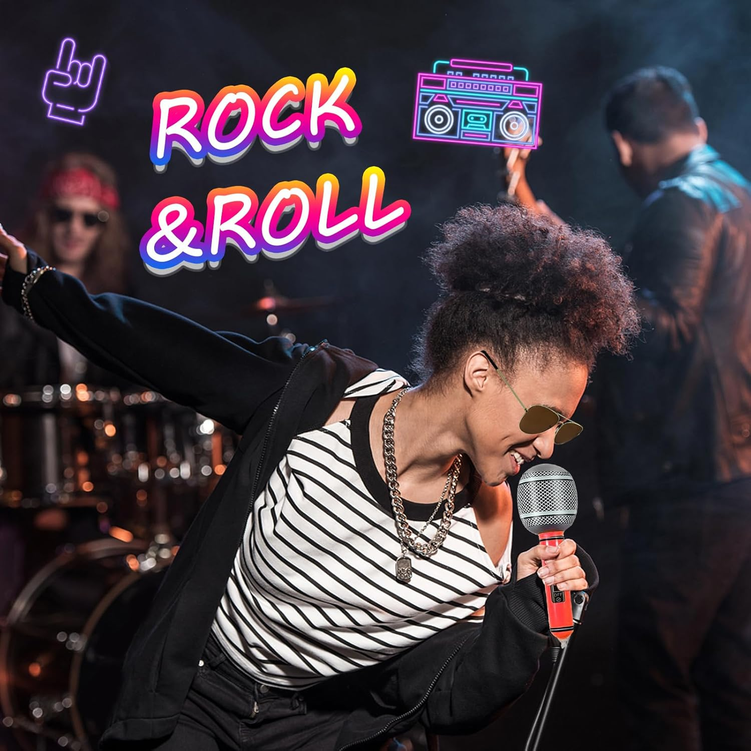 8Pcs Punk Gothic Rocker Costume Set, Rock Heavy Metal Accessories with Retro Sunglasses Gloves Bandana Fake Tattoo Sleeves Bracelet Inflatable Guitar for Women Men Halloween 80S Disco Party image number 4