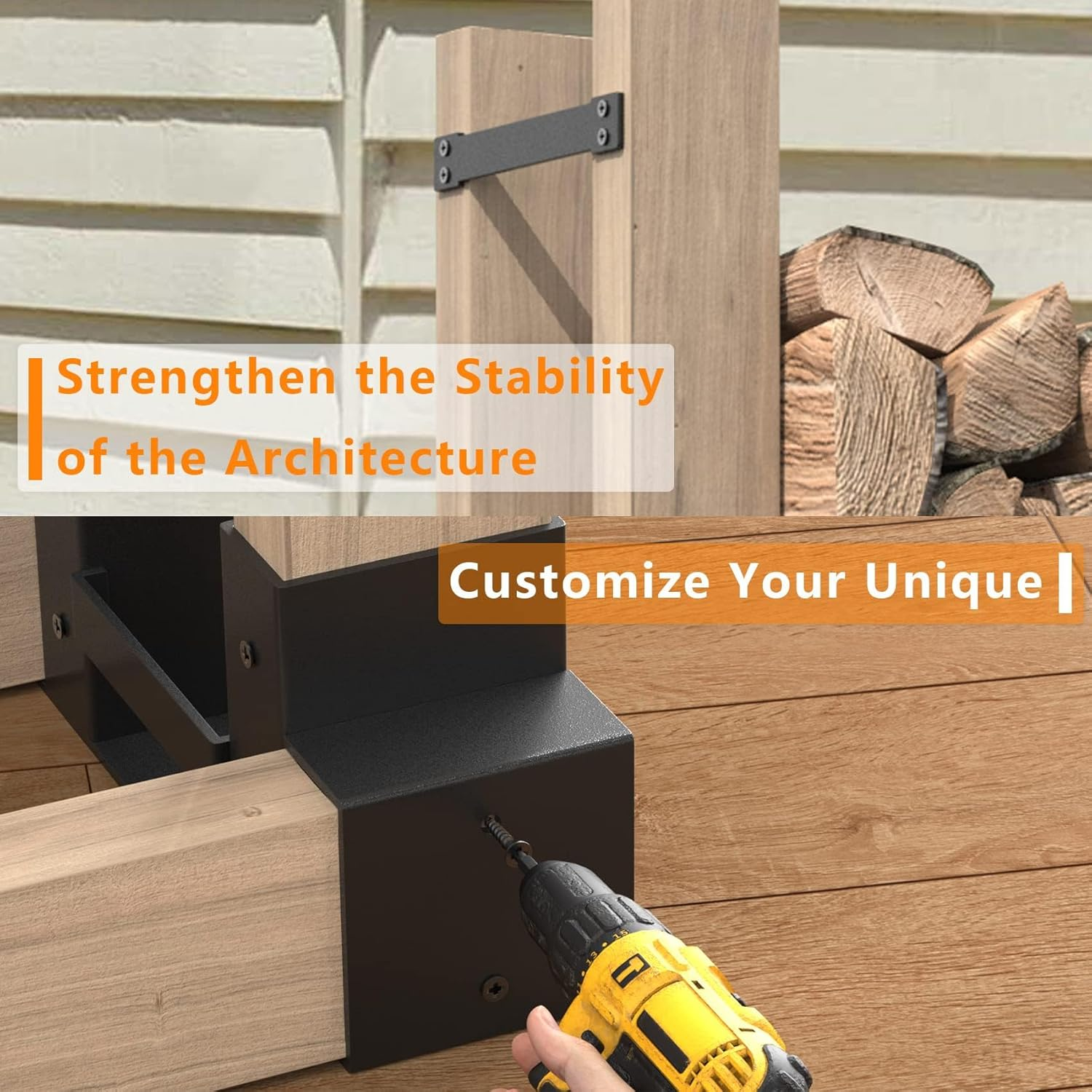 Mr IRONSTONE Firewood Rack Outdoor Indoor, Firewood Rack Brackets Kit Adjustable to Any Length, Heavy Duty Fire Wood Storage Racks with 34 Accessories, Fireplace Wood Holder for Patio Deck - Black image number 4