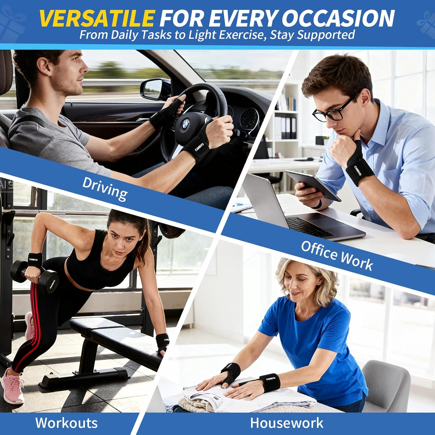 CAMBIVO 2 Pack Wrist Brace, Wrist Compression Wraps with Custom Support, Ergonomic Wrist Band for Daily Support, Light Exercise, Carpal Tunnel, and Tendinitis, Fits Left & Right Hand