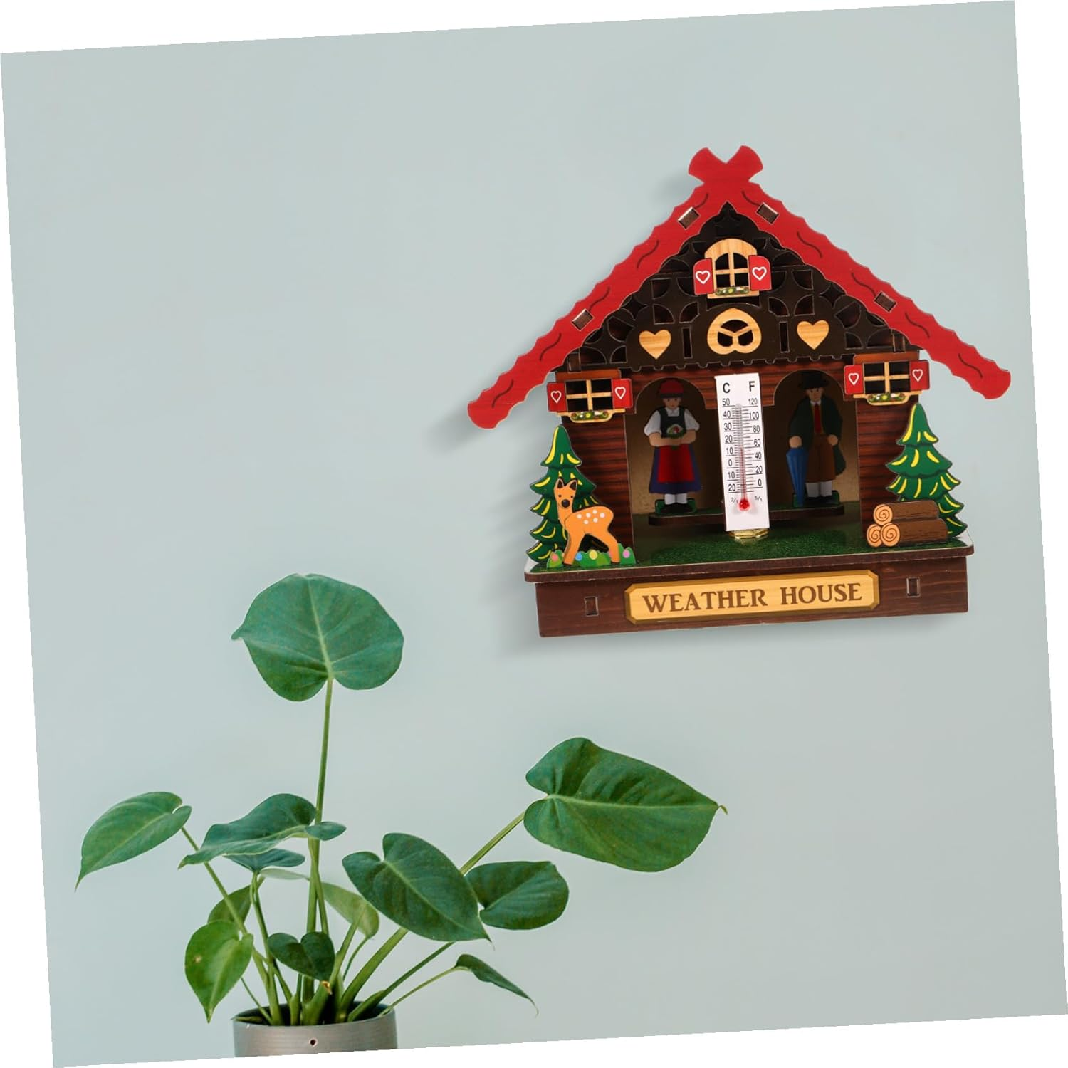 Garneck Analog Weather House Thermometer Hygrometer Barometer Combo for Indoor Outdoor Use Accurate Temperature Humidity Monitor Wooden Wall-Mounted Weather Station with Classic Man Woman image number 2