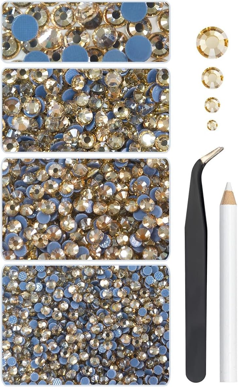Qiipii Hotfix Rhinestones Flatback Golden Rhinestones for Crafts Clothes 4 Sizes SS10-SS30 Hot Fix K9 Glass round Champagne Gold Crystals Stones Gems W Pick Pen for Crafting Shoes Bag DIY Decoration