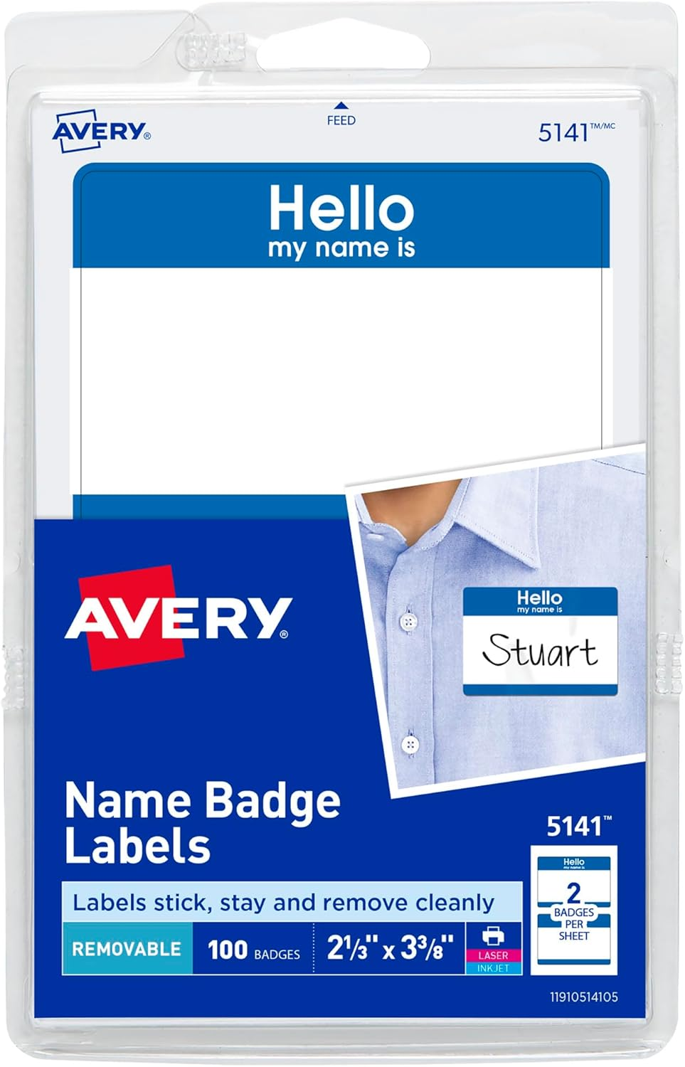 Avery Hello My Name Is Name Tags, White with Red Border, 100 Removable Name Badges (05140) - 2-1/3" X 3-3/8", Blue Border