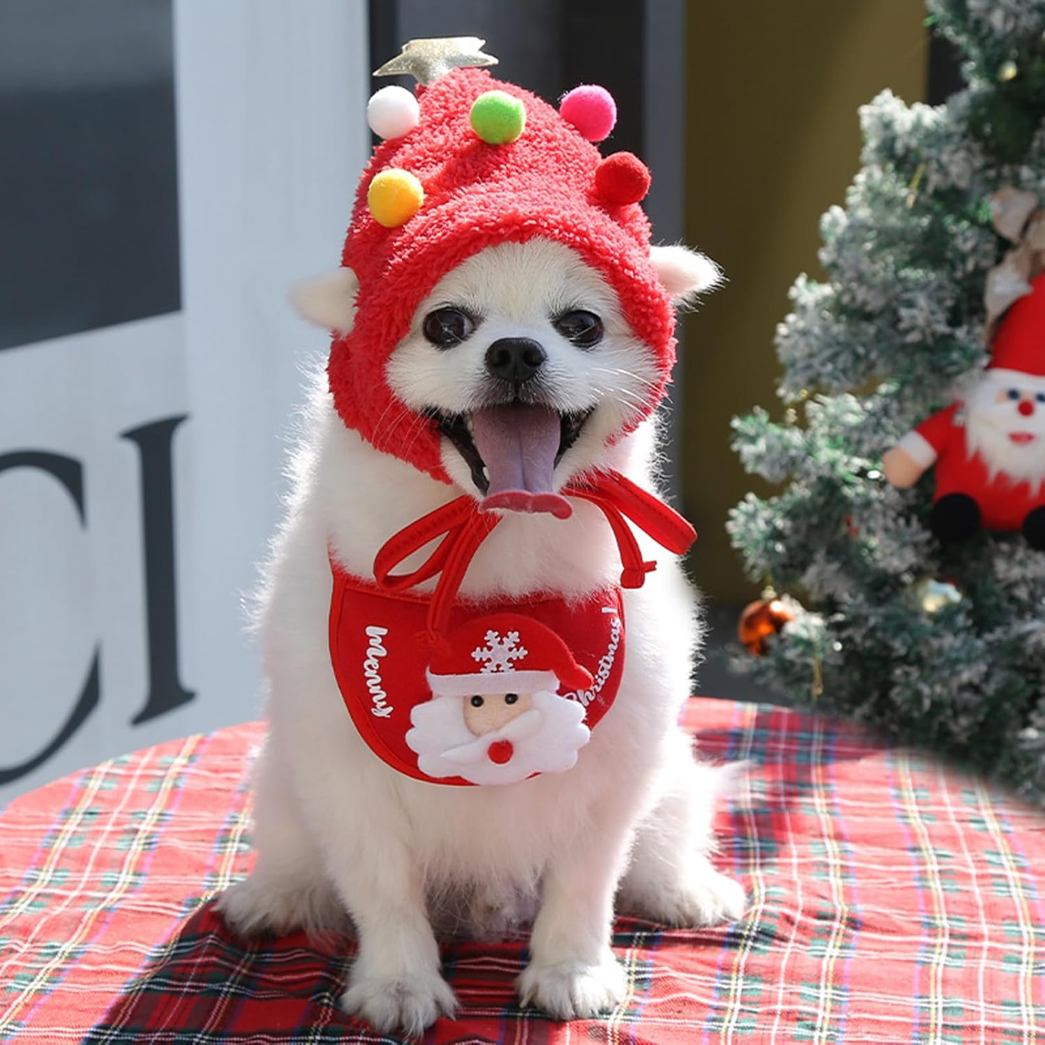 KASESSS Cat Christmas Hat, Christmas Tree Hat for Dogs & Cats, Adorable Cat Christmas Outfit Pom-Pom Hat with Scarf Bib Matching, Pet Xmas Costume, Pet Xmas Tree Costume for Puppy Kitten (Red) image number 6