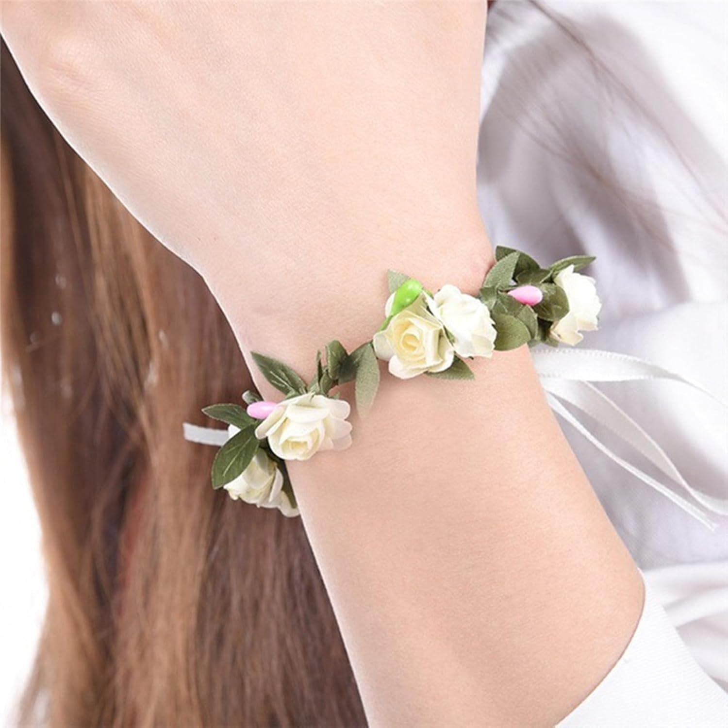 Flower Wreath Flower Crown Headband, Rose Bridal Hair Accessories with Bracelet Set, Flower Headband Adjustable Belt, Hair Bands Floral Garland image number 3
