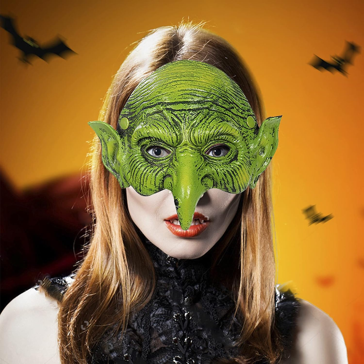 TINAYAUE Scary Witch Mask with Elastic Band Green Face Goblin Elf Ears Cosplay Fancy Costume Mask Horror Halloween Masks Carnival Dress up Themed Party Prank Stage Props image number 1