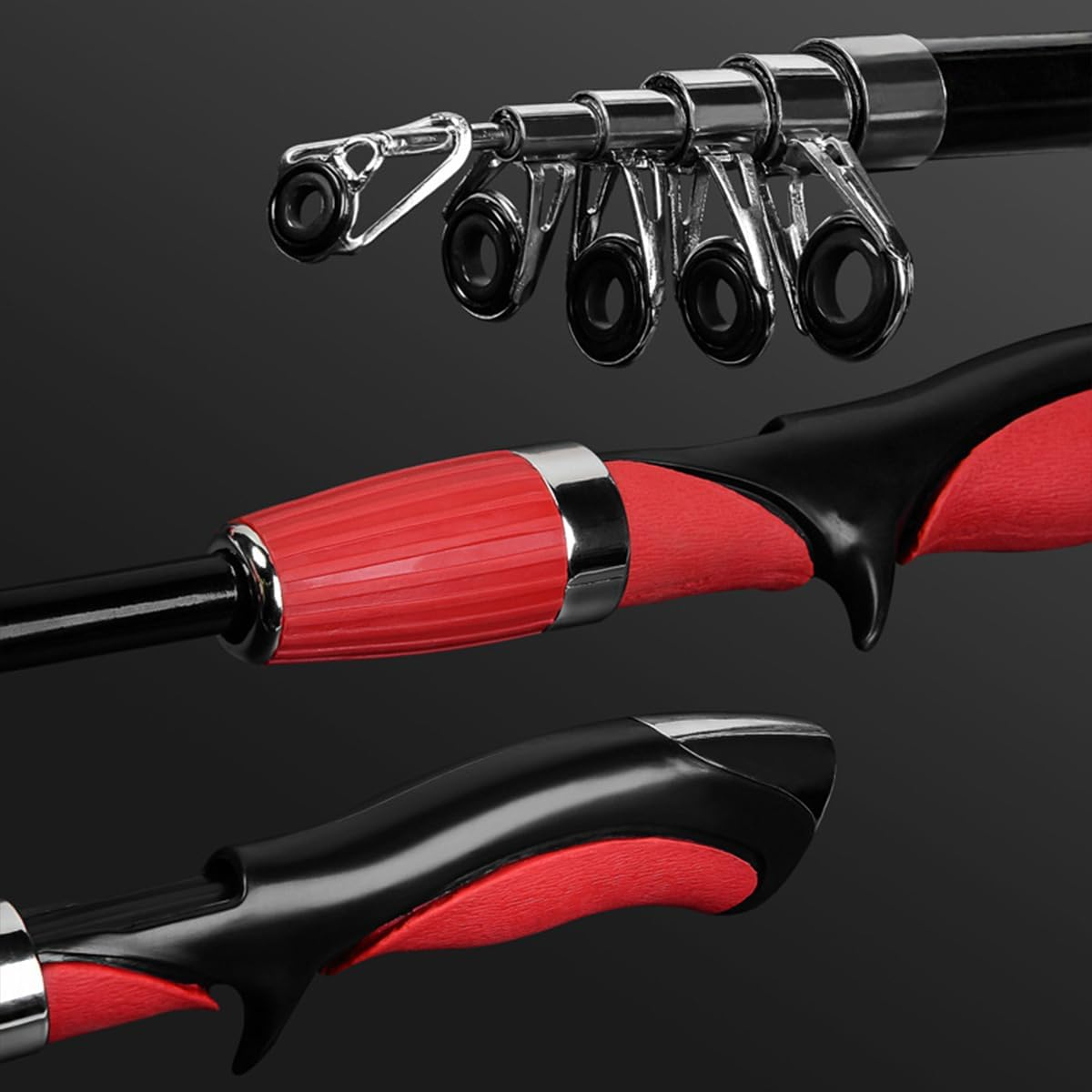 AIMALL Mini Children Sea Rod Set - Portable Retractable Road Rod Fishing Gear, Full Kit, 21.7&rdquo; Total Length, Red and Black image number 1