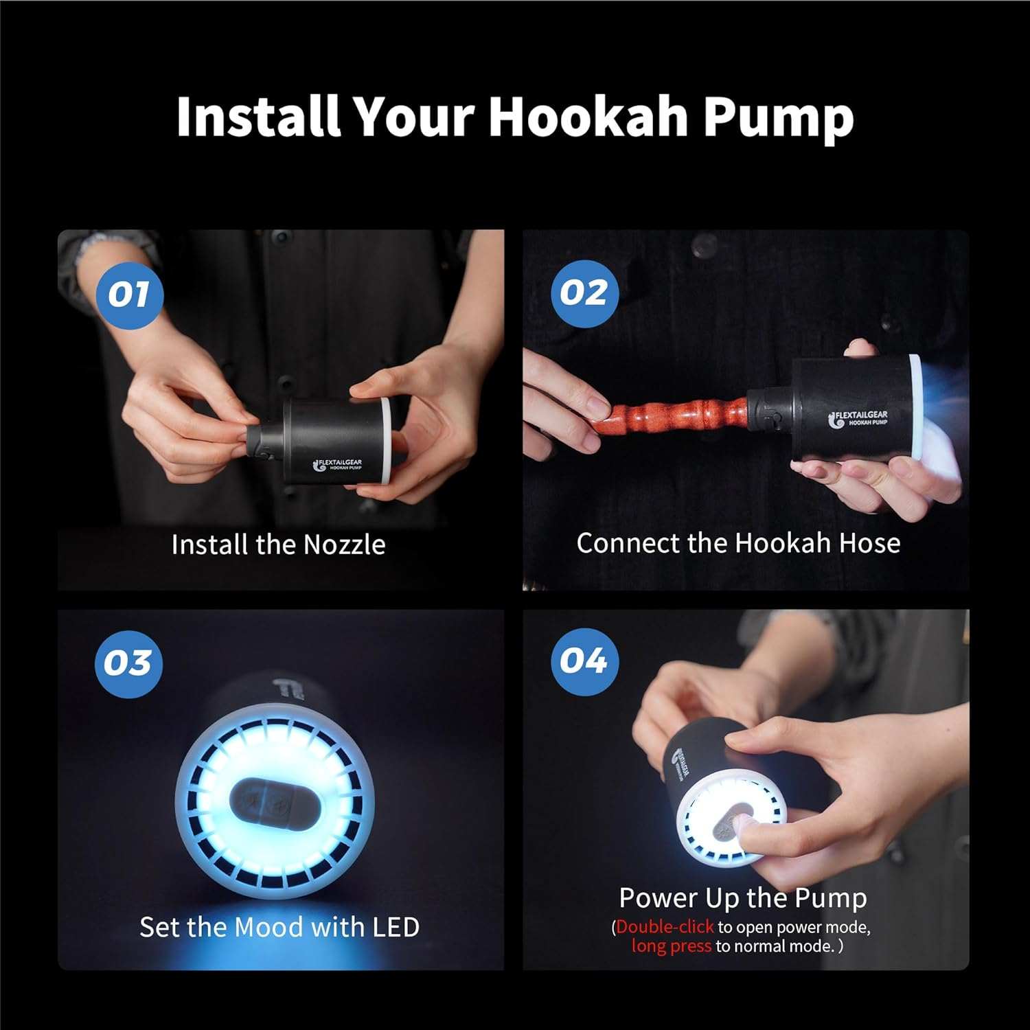 FLEXTAILGEAR Electric Hookah Pump Kit with 1300 Mah Rechargeable Battery Led Light Mini Portable Charcoal Coal Burner Helper Shisha Nargila Warm up Starter Set Smoke Bar Accessories