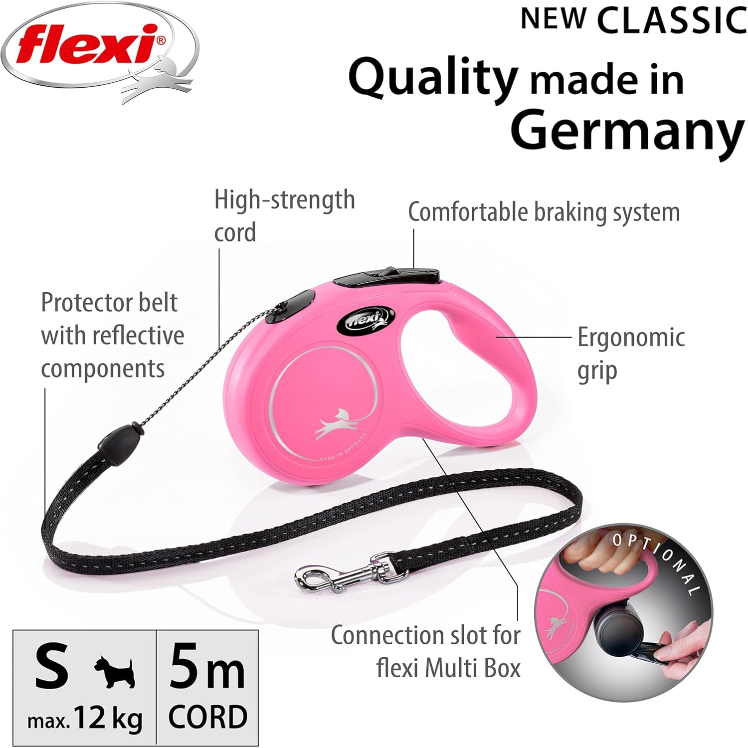 Flexi New Classic Cord Pink Small 5M Retractable Dog Leash/Lead for Dogs up to 12Kgs/26Lbs