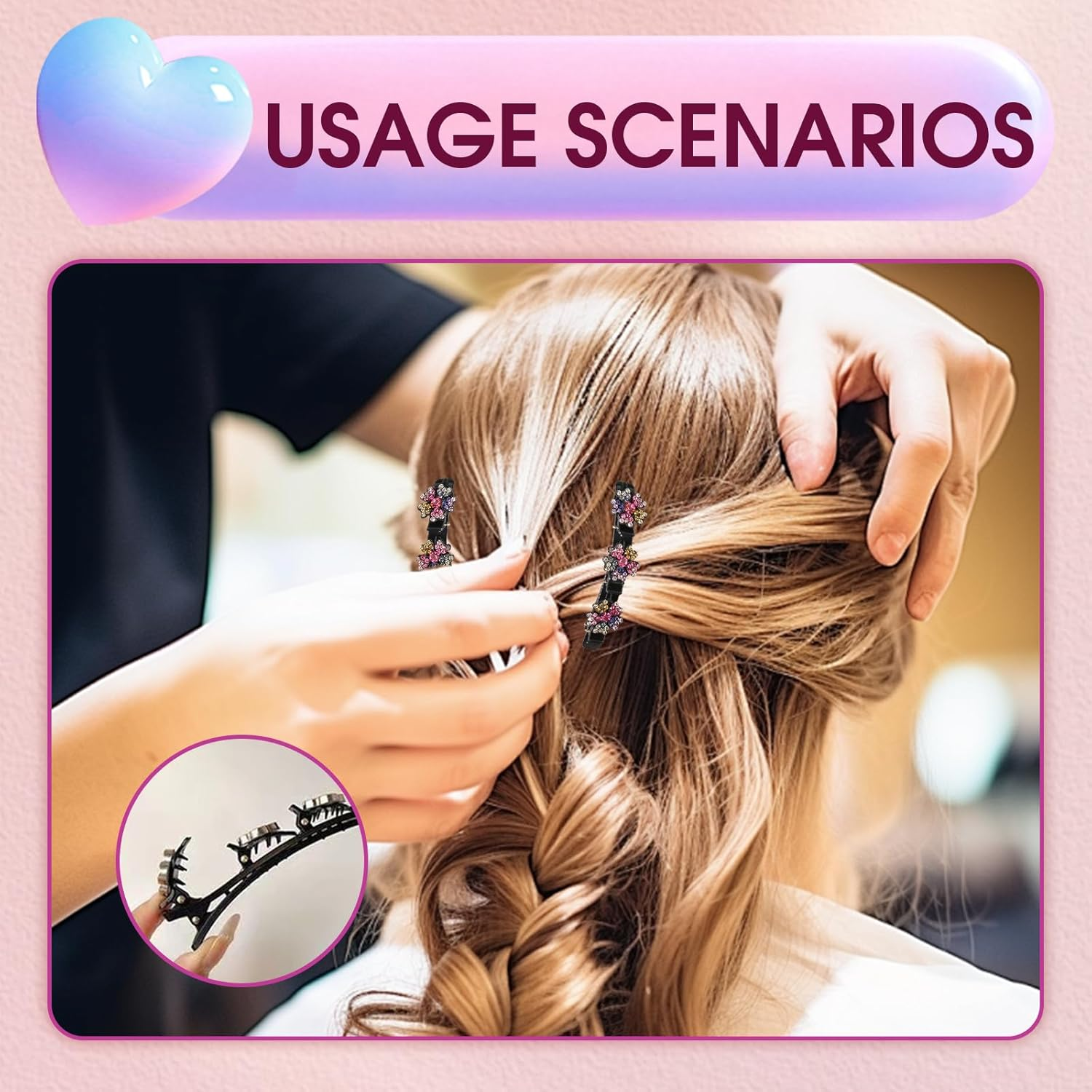 Pack of 6 Braided Hair Clips, Crystal Flowers Sparkling Double Layer Hair Clips Robust Stylish Hair Accessories Duck Beak Hair Clips for Women Girls for Everyday Party Updo image number 4