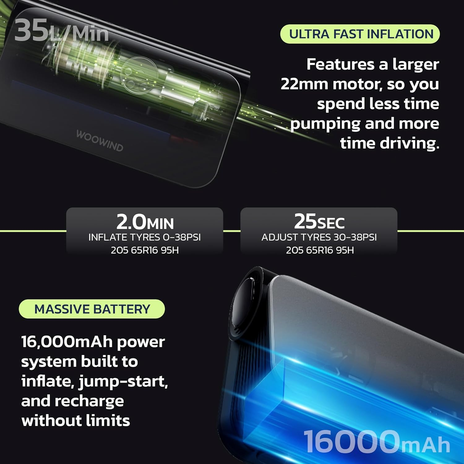 Woowind Air Compressor Tyre Inflator for Car Tires,150Psi with Emergency Start-Up Power Supply, Auto Shut-Off Functionand and LED Light, Portable Air Pump with Pressure Gauge, Set of Nozzle Adaptors image number 1