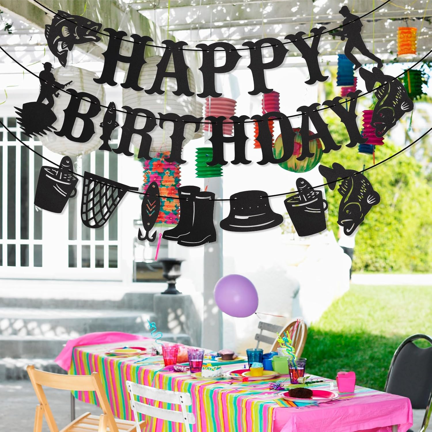 Fishing Birthday Banner, Happy Birthday Fishing Fish Fishing Net Boot Element Banner for Hanging on Fishing Line Decoration for Fish Birthday Party Birthday