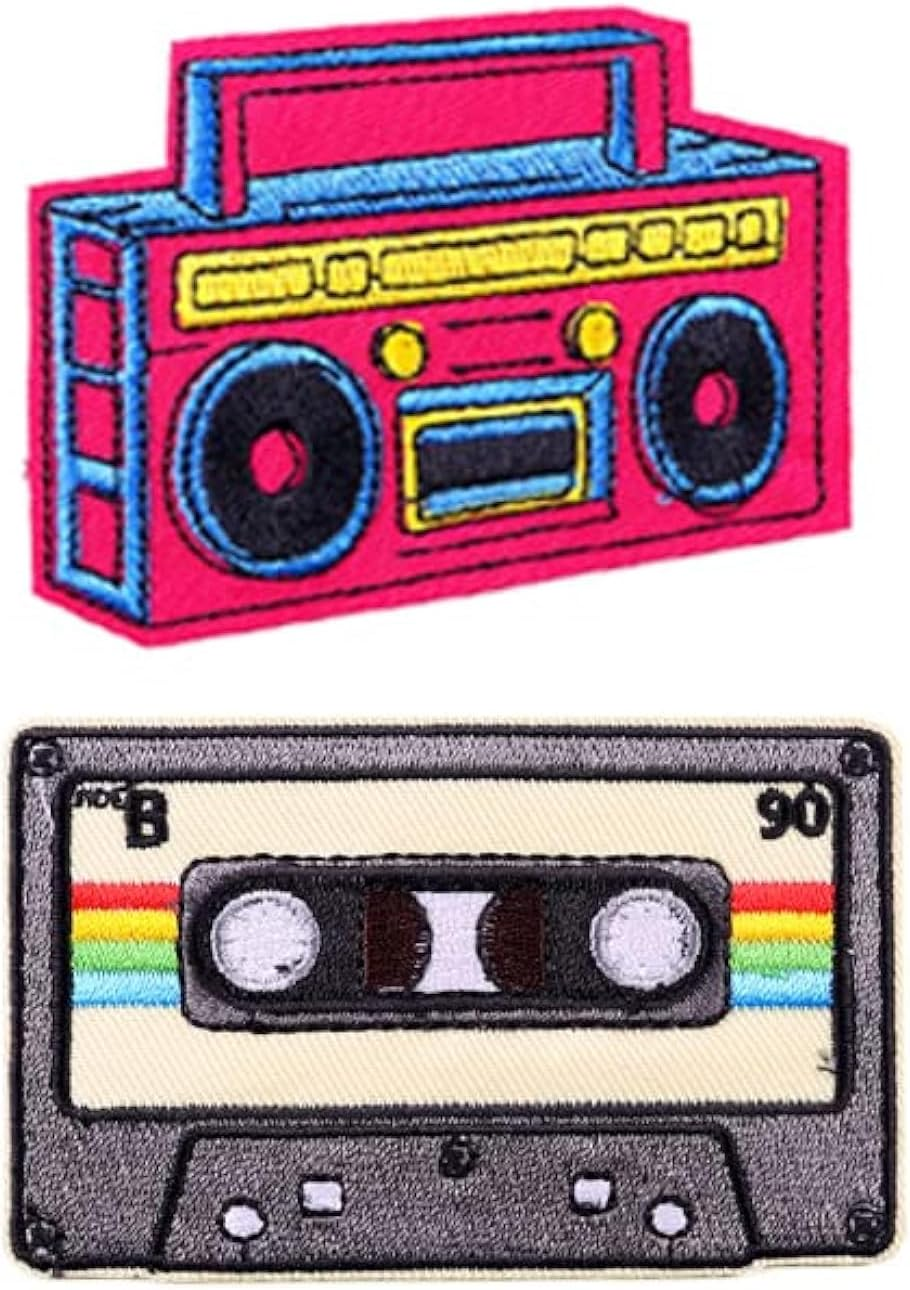 KUPOOL 2Pcs Iron on Patches Music Lovers Vintage Tapes and Recorders Clothes Embroidery Cloth Embroidered Sew On/Iron-On Punk Applique for Hat Pants DIY Patch, Blue, F, (Sx25-1) image number 1