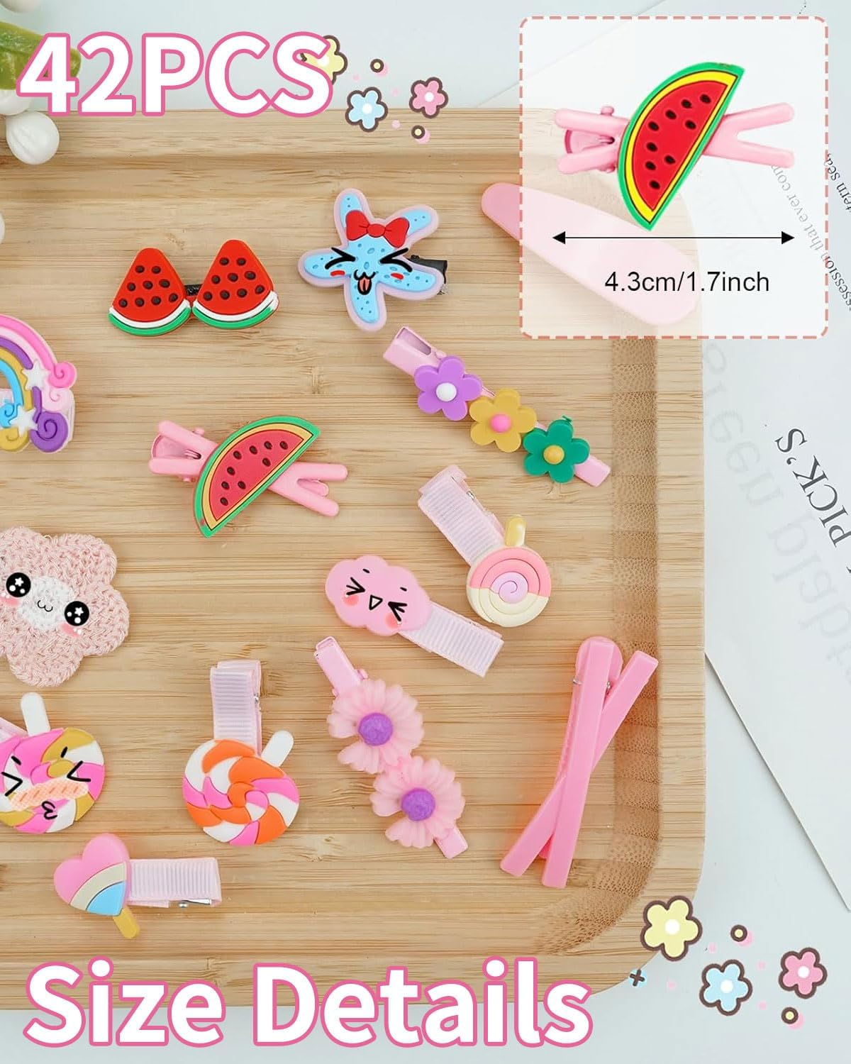 BPTRKOM 42 Pieces Hair Pins - Girls Baby Girl Rainbow Clips Hair Pins Hair Pin Accessories with Multicoloured Flower and Fruit Motifs for Girls Children as Birthday Gift (Pink+Yellow+Purple) image number 2