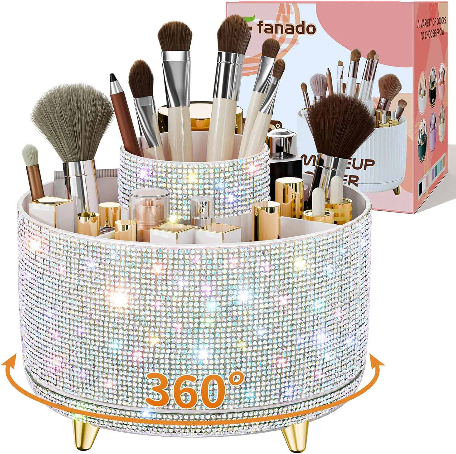 Fanado Bling Diamond Makeup Brush Holder, 360&deg; Rotating Makeup Organizer, 5 Slot Make up Brushes Cup for Countertop, Storage for Cosmetics Pen Eyeliner Skincare on the Vanity (Diamond White)