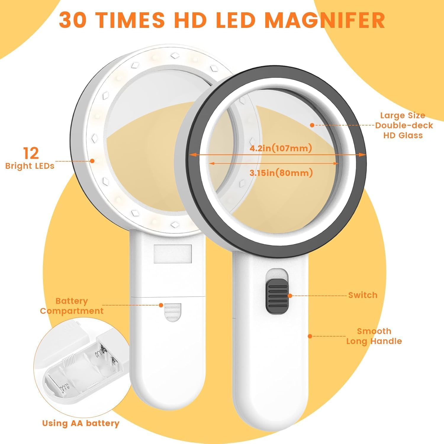 Mumoo Bear Magnifying Glass with Light, 30X Handheld Large Magnifying Glass 12 LED Illuminated Lighted Magnifier for Macular Degeneration Seniors Reading Inspection Coins Jewelry image number 1
