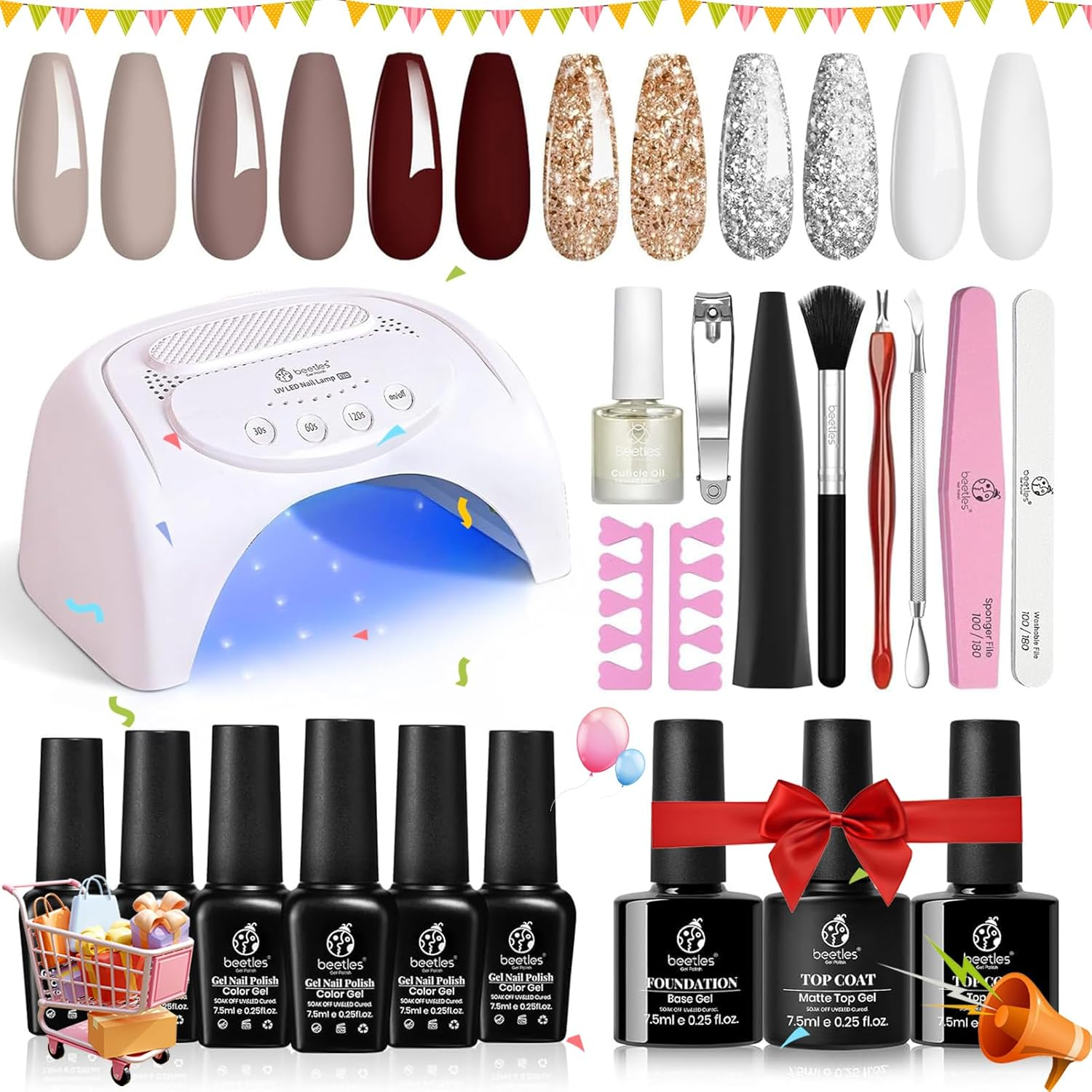 Beetles 6 Colors Burgundy Red Gel Polish Starter Kit with 48W UV LED Light, Base, Matte Top Coat, Glitter Polish Set for DIY Home Manicure - Women and Girls image number 6