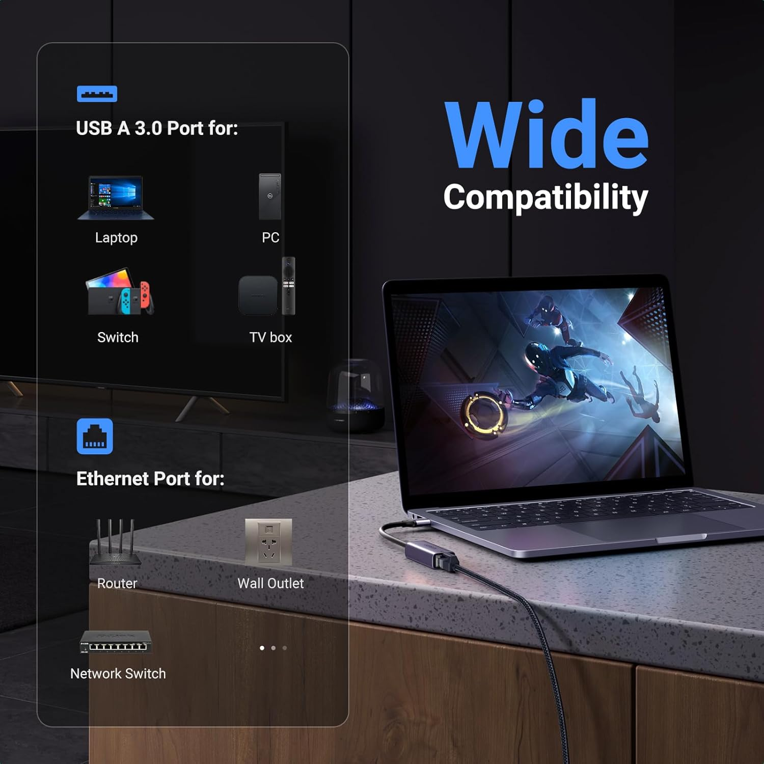 UGREEN Ethernet Adapter Aluminum USB 3.0 to RJ45 Gigabit LAN Connector 10/100/1000 Mbps Wired Network Adaptor Compatible with Windows, Macos, Linux, Chrome OS, Switch, PC, Laptop, Desktop Space Gray