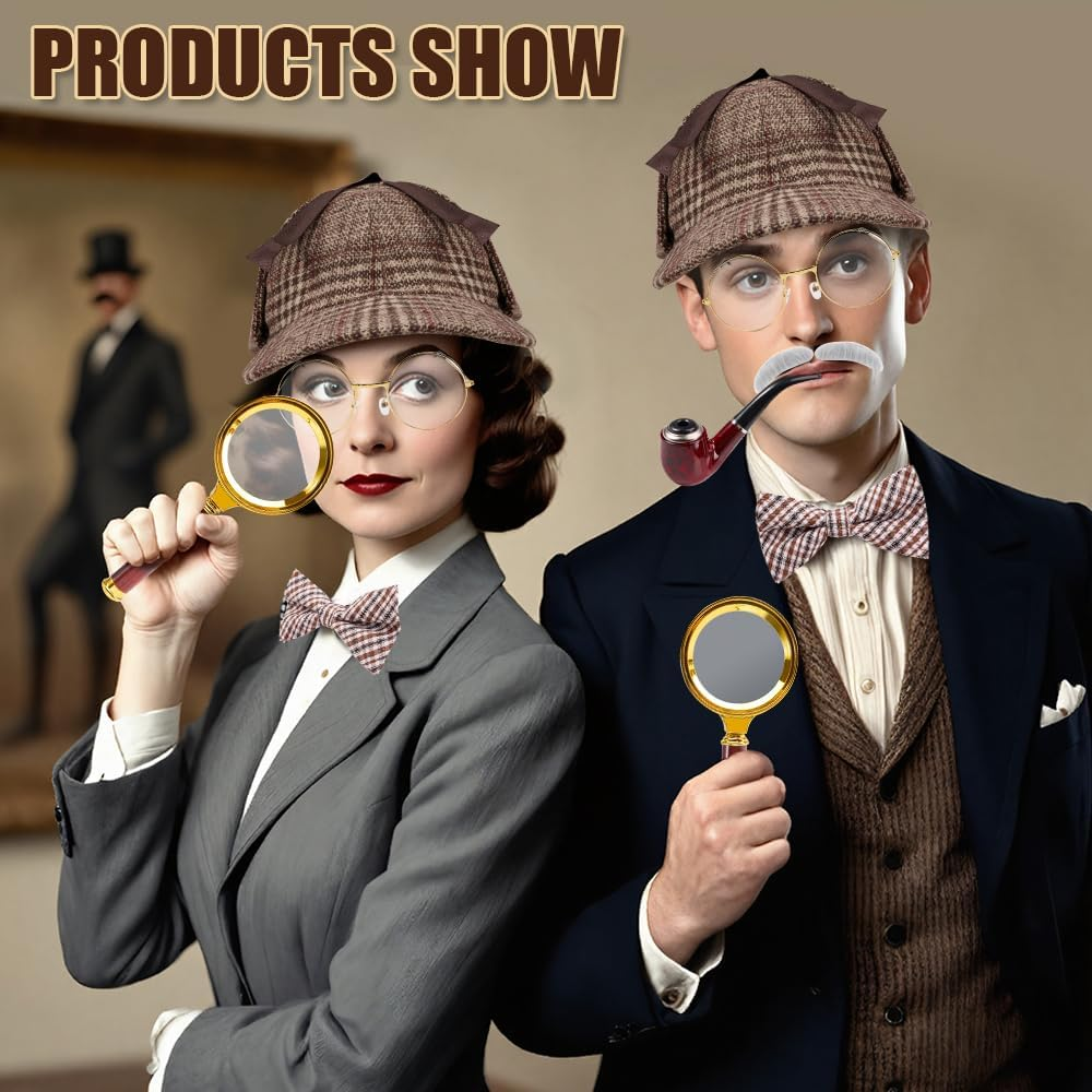 WOTOW Detective Costume Accessories Set - 6PCS Detective Costume Hat Detective Dress up Detective Prop Halloween Costume with Magnifying Glass Flat Glasses Bowtie Beards for Adults image number 2