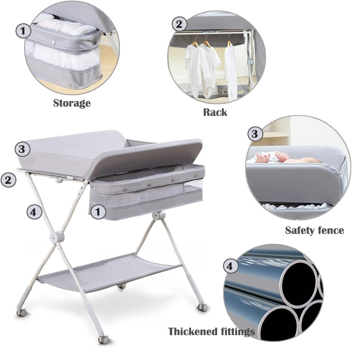 Fohouse Portable Baby Changing Table - Waterproof Diaper Changing Table with Wheels, Baby Diaper Changing Station with 3-Level Adjustable Height, Portable Changing Table with Large Organizers image number 3