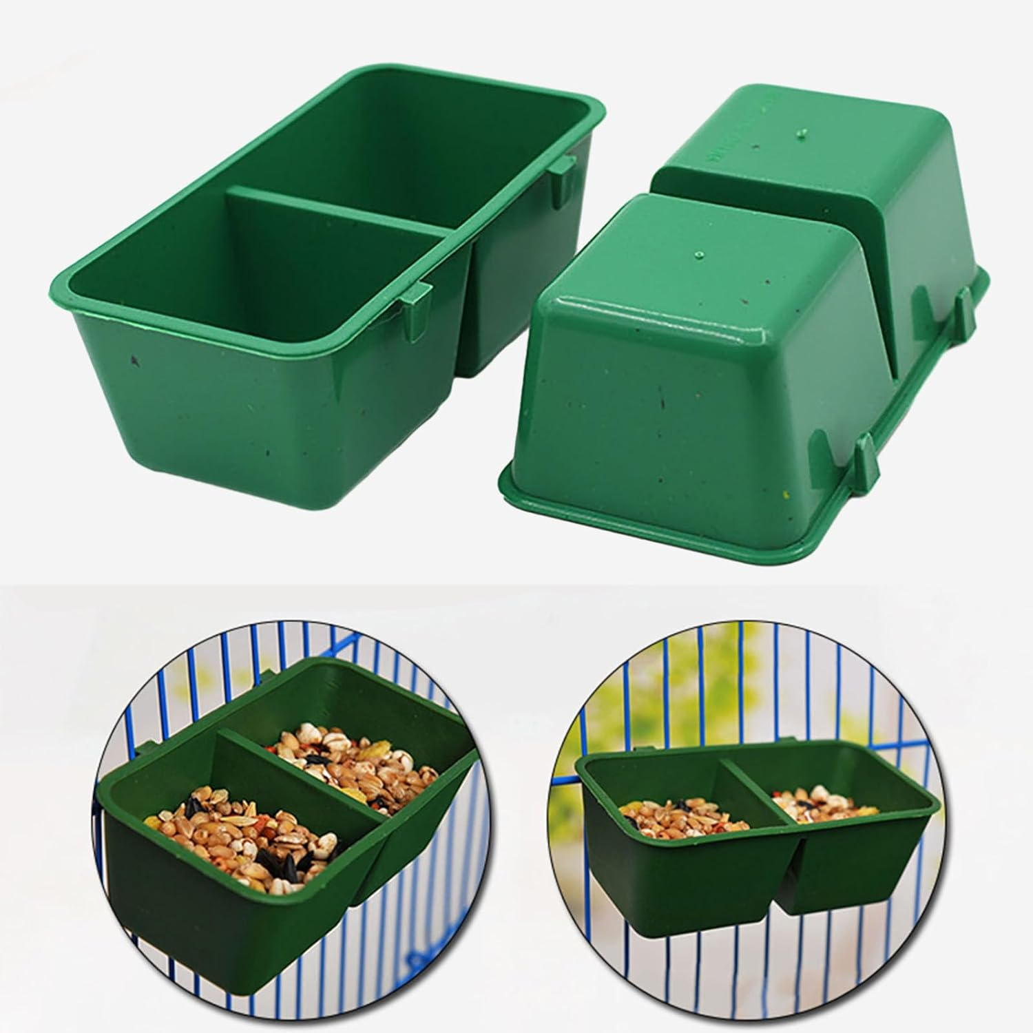 No Mess Bird Feeder Upgraded - 2 in 1 Parrot Cage Food and Water Bowl - Double Groove Bird Food Bowl for Cage for Hold Food, Water Universal Conjoined Food Box image number 1